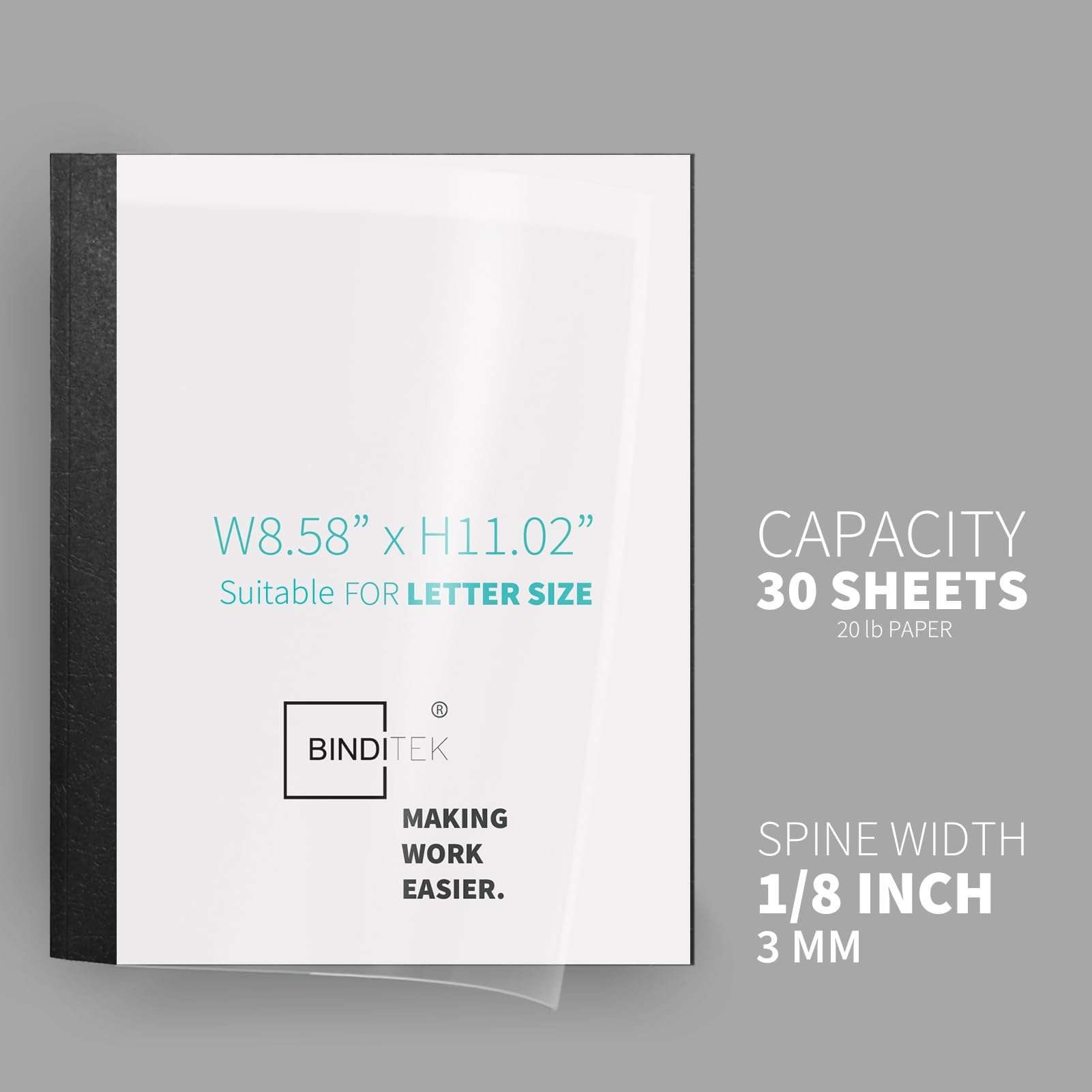 Binditek 20 Pack Thermal Binding Presentation Covers, 1/8 Inch Spine Holds 30 Sheets, Ultra Clear Front Cover, Black Paper Back Cover, Letter Size, for Students and Coworkers 4