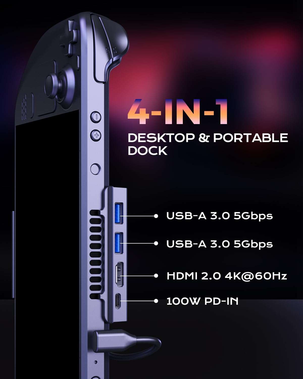 Steam Deck Dock for Steam Deck/OLED with Foldable Stand, HDMI 4K@60Hz, 2 USB A 3.0, 100W Max PD-in, Portable or Desktop Accessories, Perfectly Match The Heat Dissipation Holes 2
