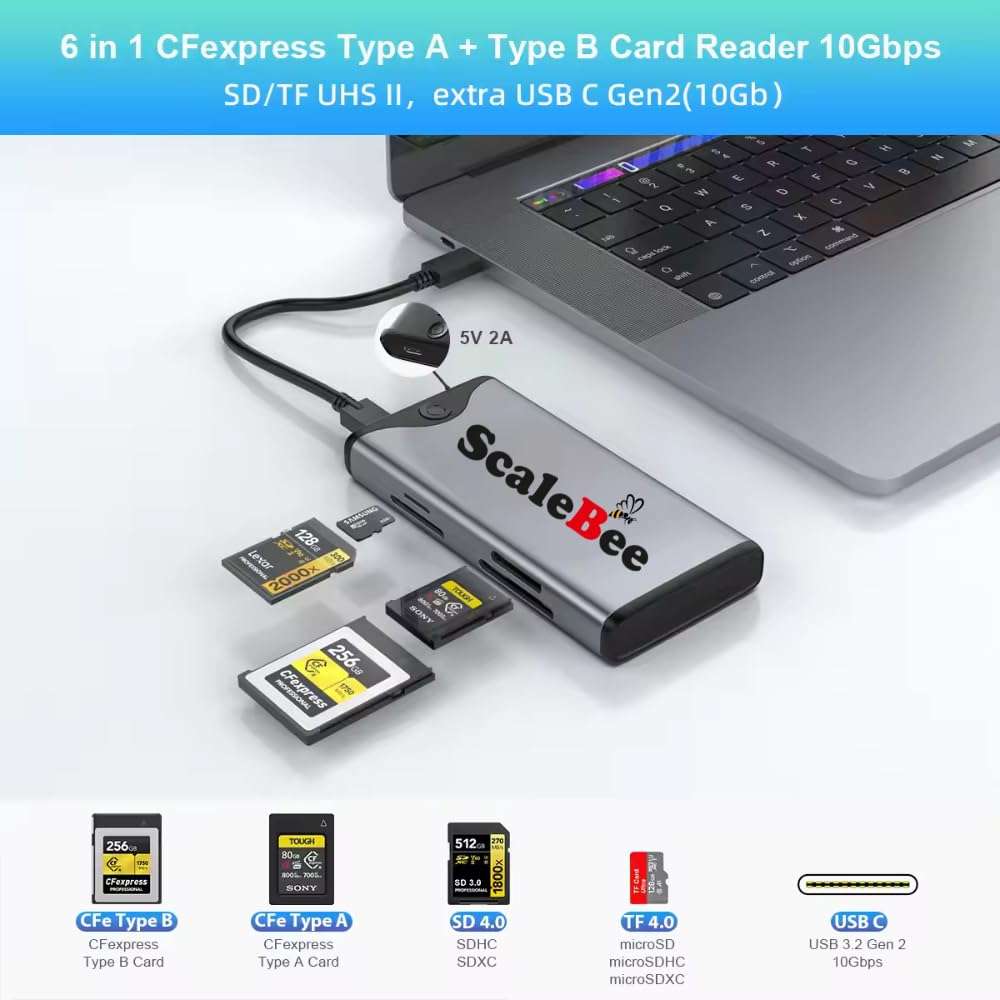 SCALEBEE 6 in 1 CFexpress Type B Type A SD SDXC SDHC MicroSD UHS II Card Reader USB 3.2 Gen 2 with Transfer up to 10GB/s with M.2 NVME SATA SSD Enclosure Compact Slim Metal Body with Type C Cable 3