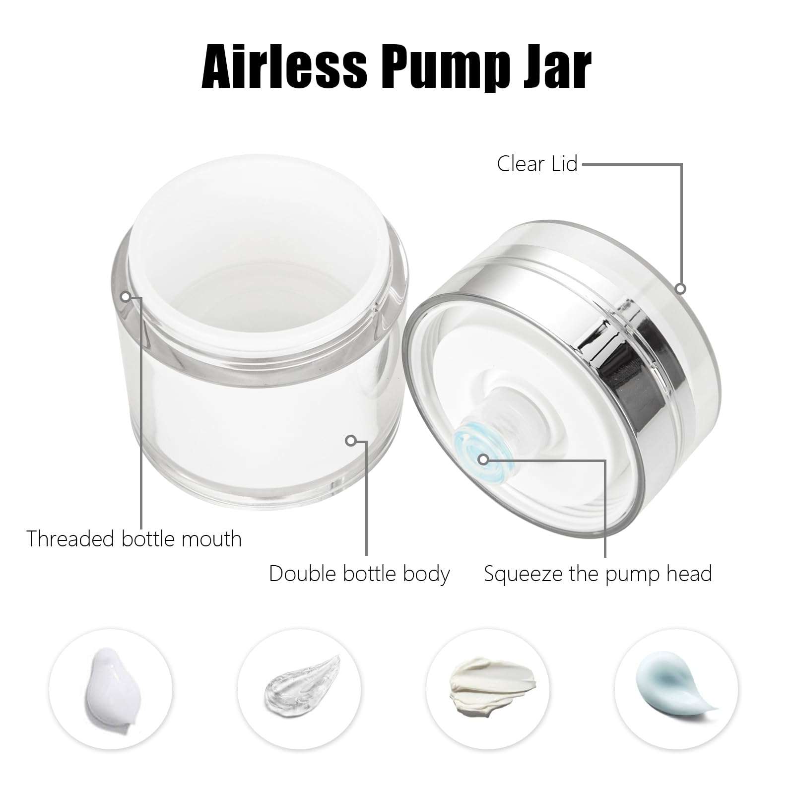 CertBuy 6 Pack Airless Pump Jar 1.7oz, Leak Proof Moisturizer Pump Dispenser, Cosmetic Container Airless Pump Jar, Travel Size Acrylic Moisturizer Container with Pump for Creams Gels & Lotions 5