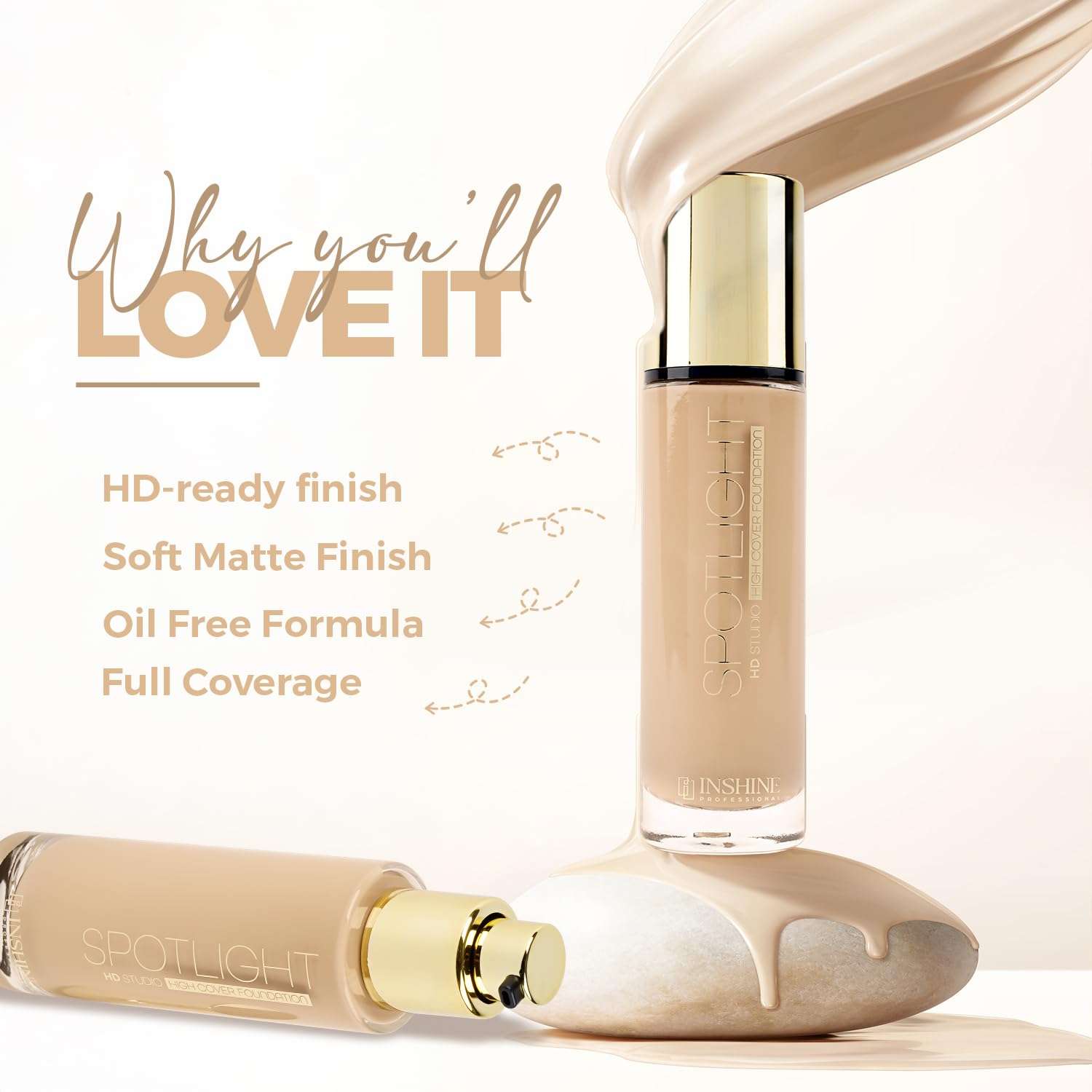 INSHINE Spotlight HD Studio High Cover Foundation for Face, Waterproof High Coverage Foundation Prevents Blemishes, Creates Smooth Complexion & Natural Flawless Effect (804-SUN BEIGE) 4