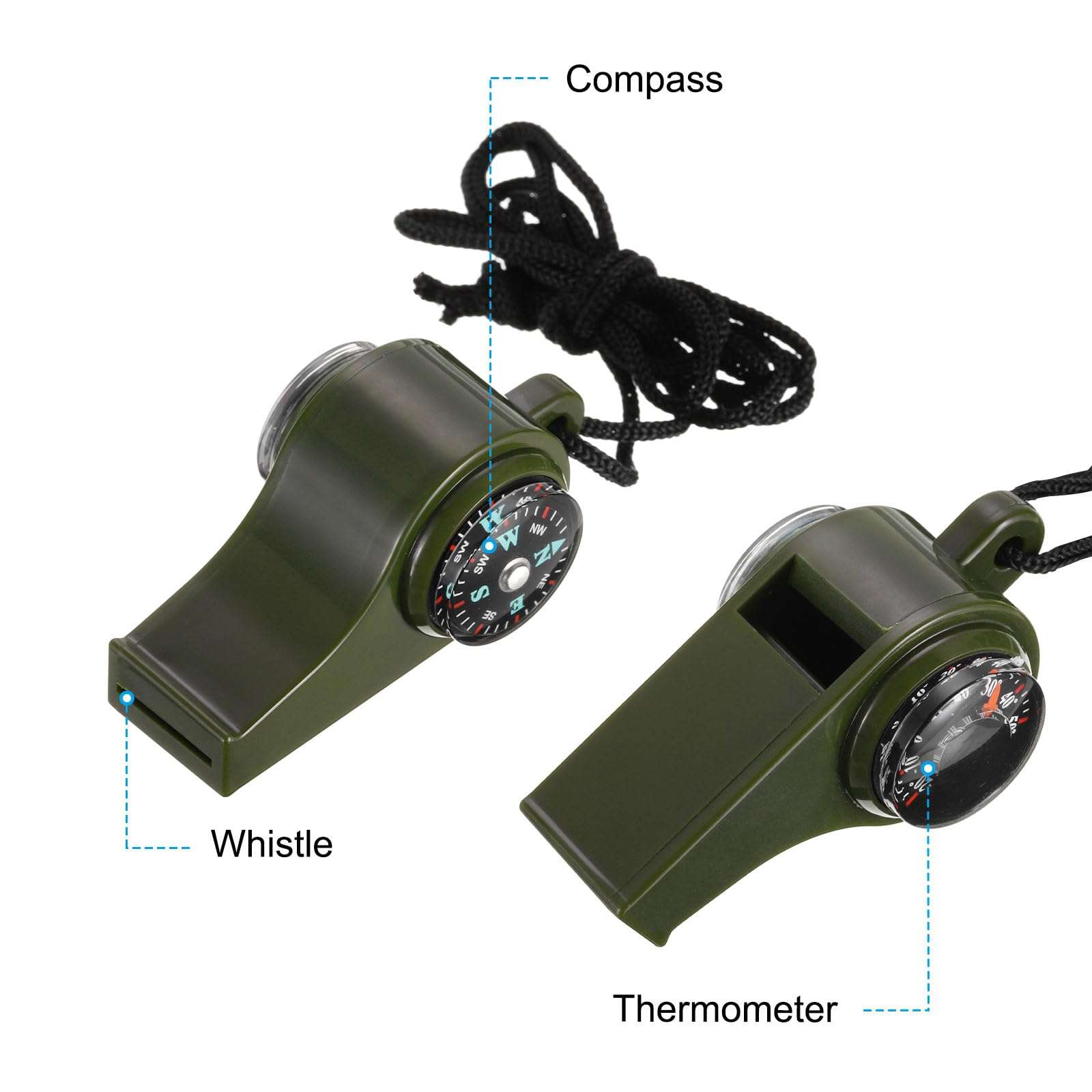 PATIKIL Emergency Whistle, 3-in-1Survival Whistles with Compass Thermometer Lanyard for Camping Hiking Outdoor Hunting Fishing Boating, Green 4