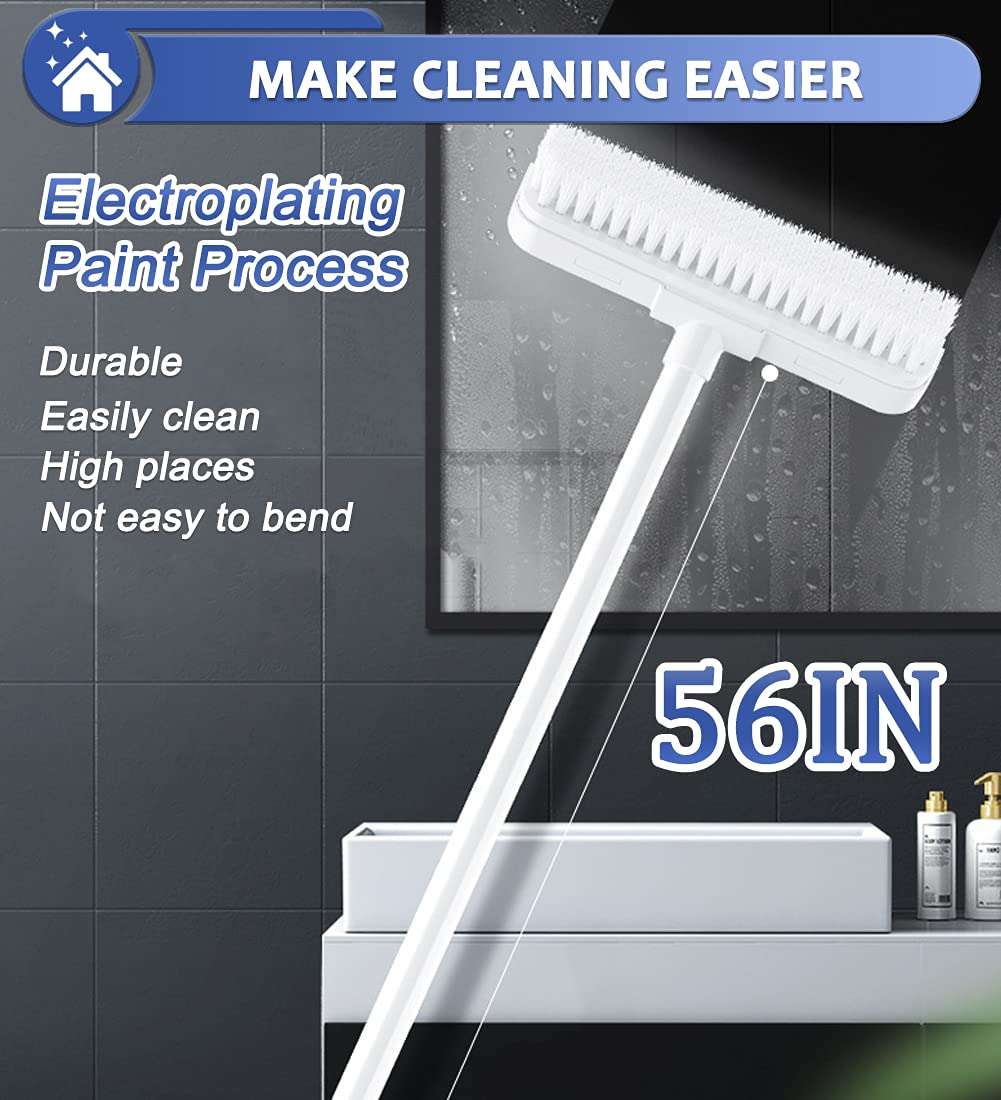 Floor Brush Indoor/Outdoor Push Broom, Stiff Bristles Floor Scrub Brush with Squeegee & 56in Adjustable Long Handle Sweeping Brush for Cleaning Kitchen,Bathroom,Patio,Wood,Stone,Tile Floor (White) 6