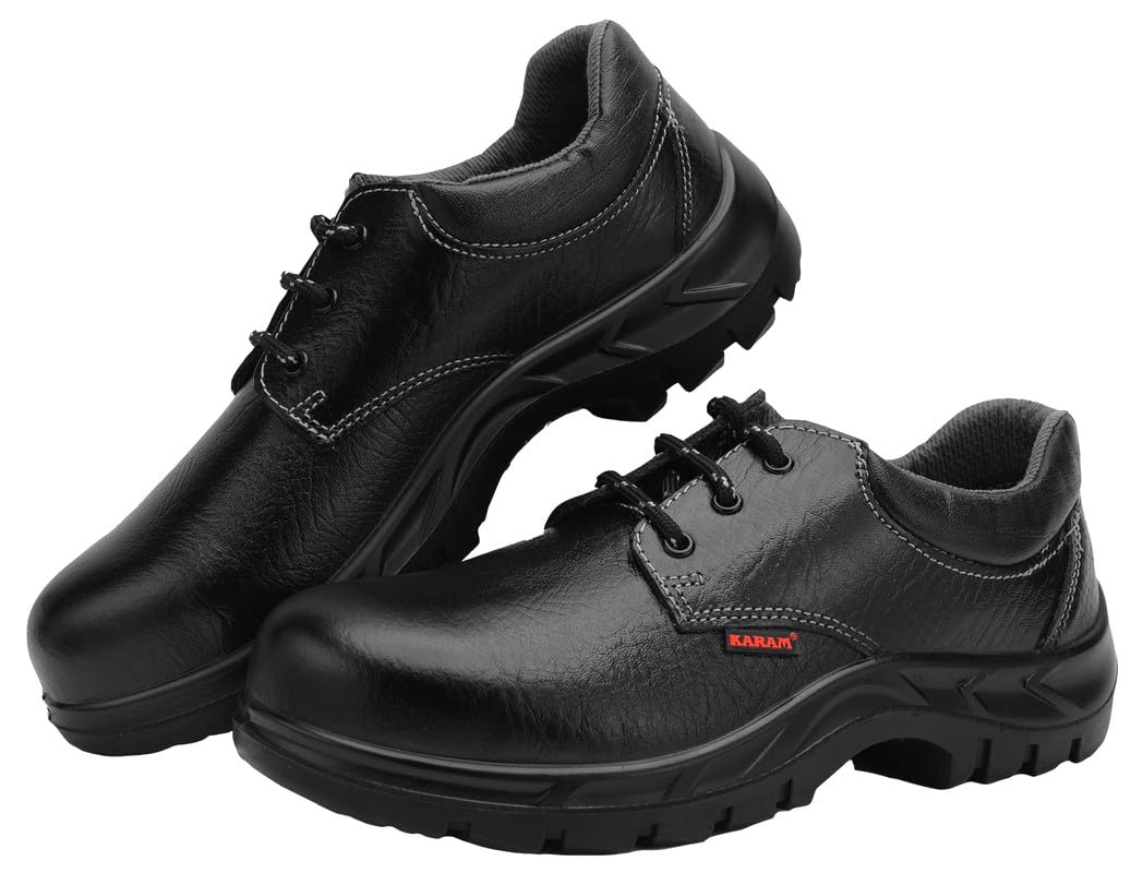 Karam FS02 Black Leather Safety Shoes for Men | Single Density with Steel Toe | Antistatic, Antislip, Oil & Heat Resistant | Size-04 1