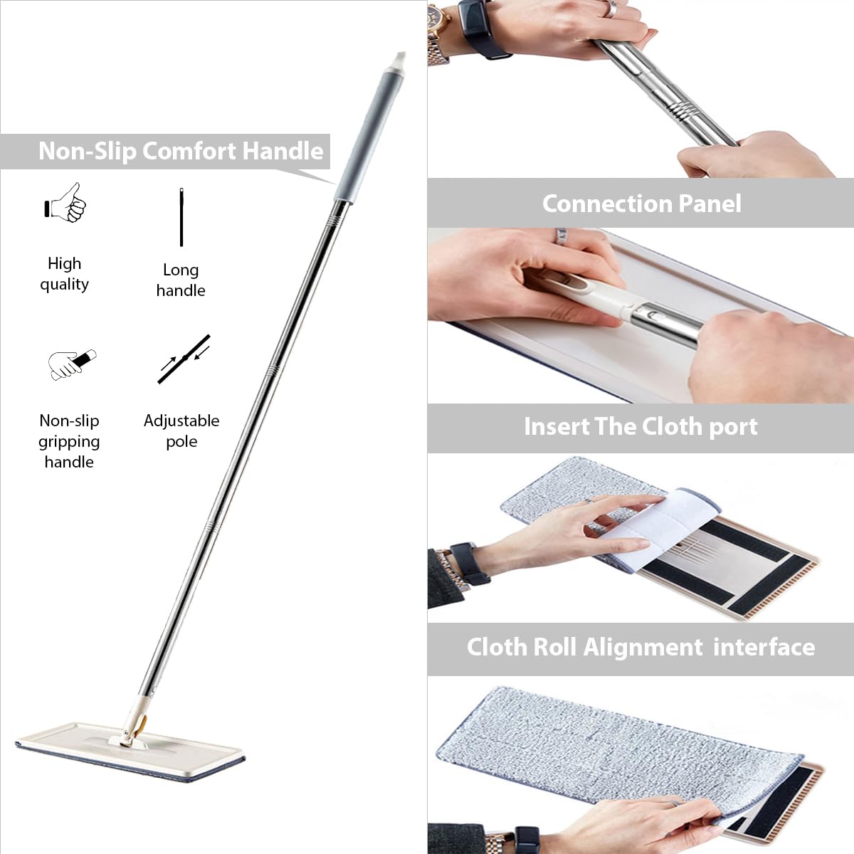 STELLIX Moppers for Cleaning Floor| Mop Bucket for Home & Kitchen| Flat Mop with Telescopic Mopping Stick| Floor Cleaners Pocha Mob for Wet & Dry Cleaning Supplies with 2 Microfiber Pad| Small Beige 6