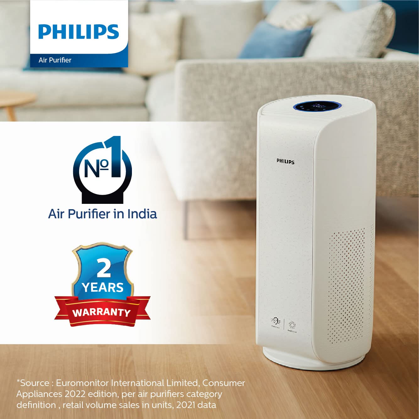 PHILIPS Air Purifier AC3055/60, Wi-Fi enabled, removes 99.97% airborne pollutants, numerical PM2.5 display, 3 layer filtration, True HEPA filter, ideal for living room, White, Medium 3