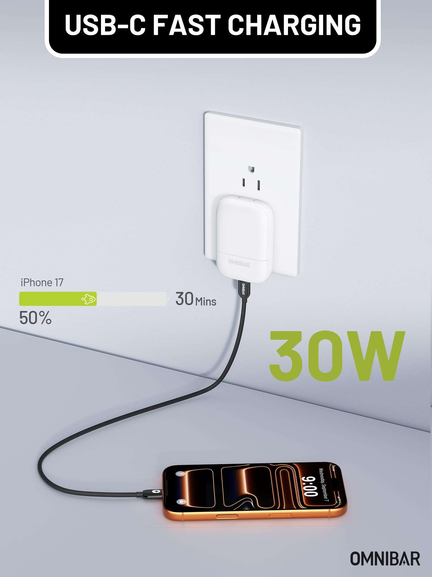 Omnibar Slim Flat USB C Wall Charger with USB C to Lightning Cable (6FT/Silicone/Green), 30W GaN Charger PD3.0 PPS Fast Charging Block with MFi Certified Lightning Cable for iPhone 14/13/12/11/XR/XS 6