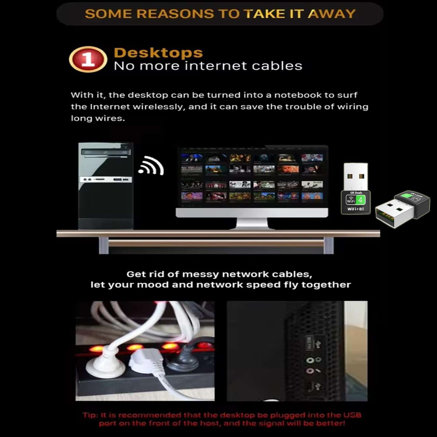 GR Deals 2 in 1 Wireless BT WiFi Dongle, Dual Band Bluetooth and WiFi Adapter for PC/Laptop/Desktop, WiFi Bluetooth Dongle (Upto 150 Mbps, 4.2GHz) Black. 4