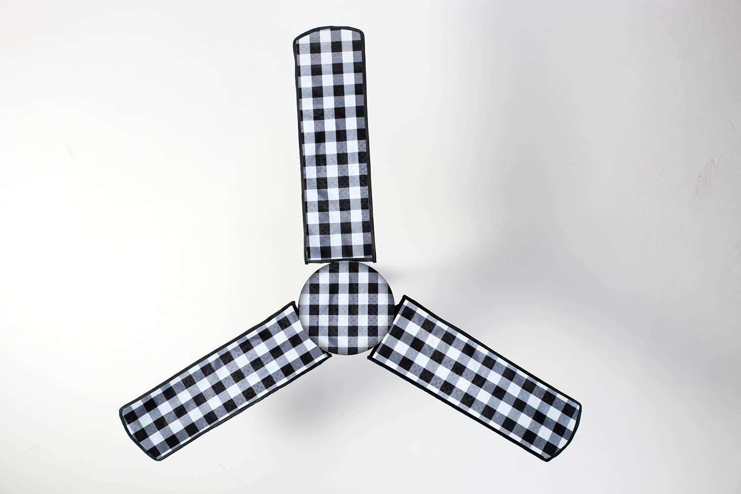 The Furnishing Tree Waterproof & Dustproof Three Blade Ceiling Fan Cover with Attachable End Enclosure Set of 3 Fan Covers Gingham Black & White 4