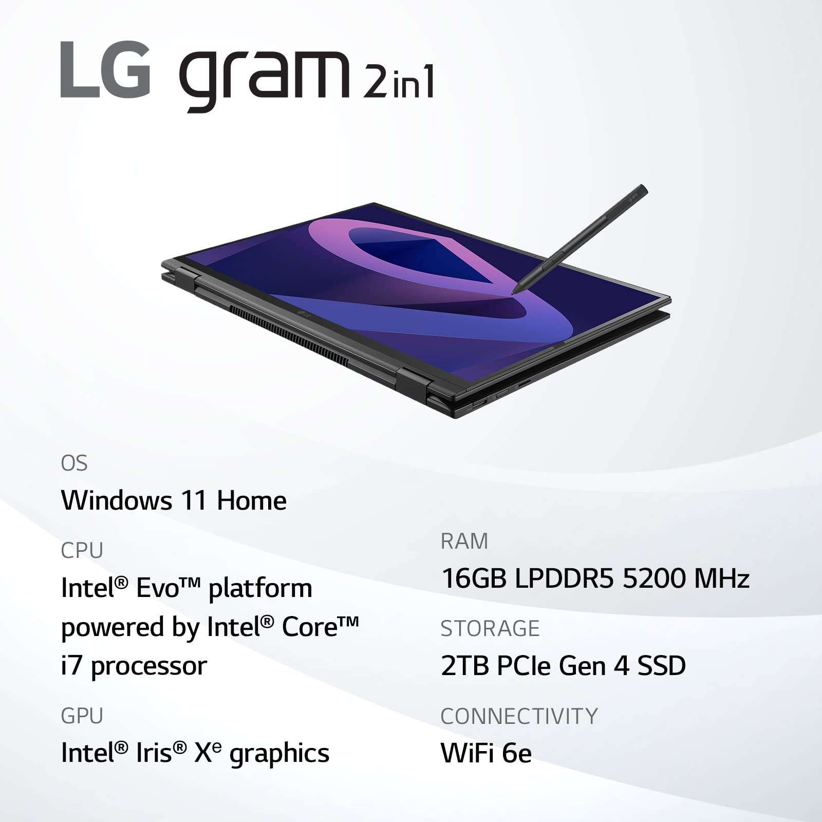 LG gram (2022) 16T90Q 2-in-1 Tablet Laptop, 16" (2560 x 1600) IPS Display, Intel Evo 12th Gen i7 1260P Processor, 16GB LPDDR5, 2TB NVMe SSD, FHD Webcam, WiFi 6E, Thunderbolt 4, Windows 11, Black 3