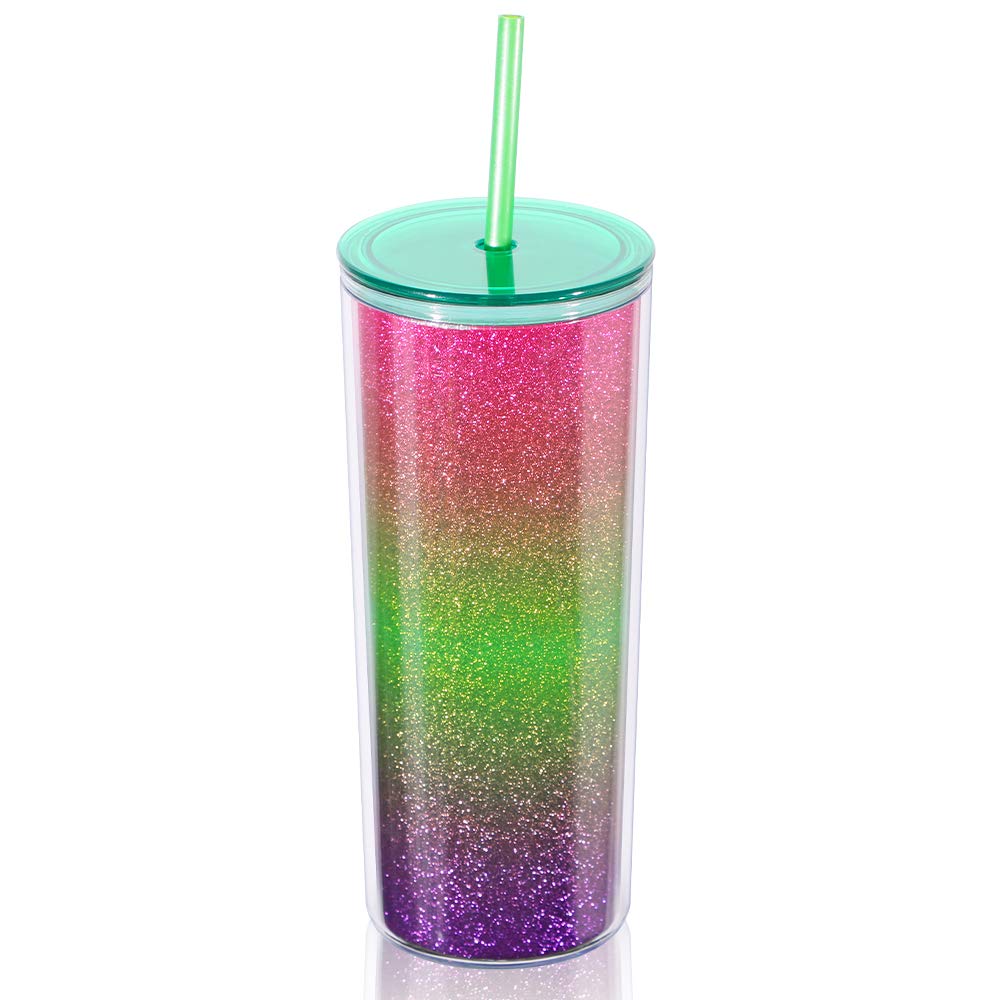 Home Tune Rainbow Tumbler with Straw, Sand Flow Glitter Double Wall Acrylic Cup Tumbler, 21 oz / 640ml (Green) 1