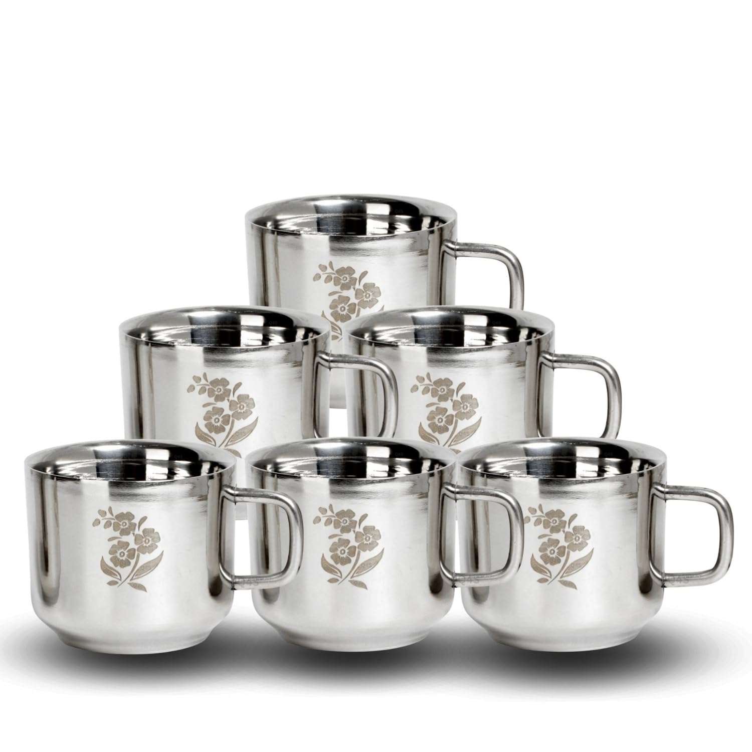 Q4S Stainless Steel Double Wall Tea Cups – Pack of 6, 100ml Each, Gloss Finish, Silver Color, Flower Print, Heat-Resistant, 6 cm Height x 7 cm Diameter – Ideal for Hot Beverages 1