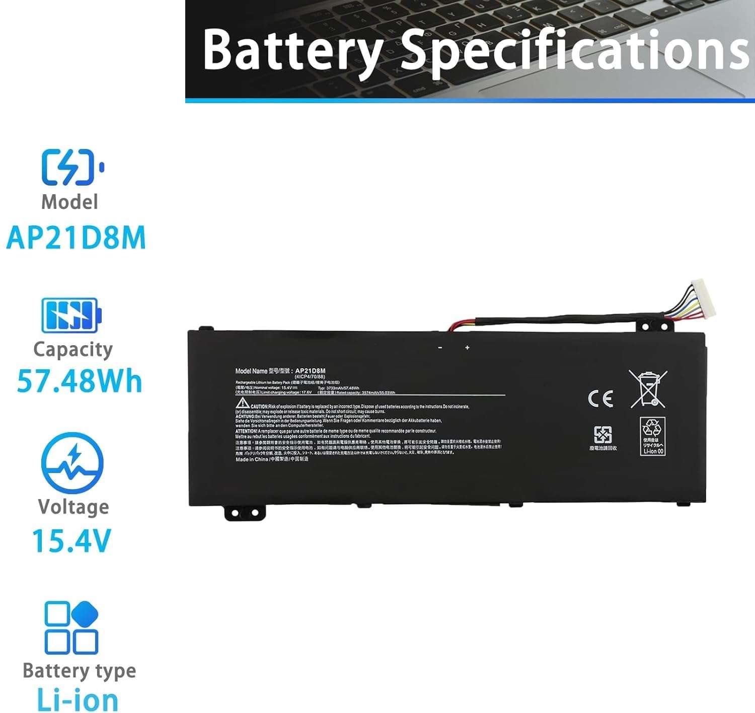 WISTAR AP21D8M Laptop Battery for Acer Nitro 5 AN515 46 AN515-47 AN515 58 Nitro 16 AN16-51 Nitro V 15 ANV15-51 Series Notebook 15.4V 3733mAh 57.48Wh 4