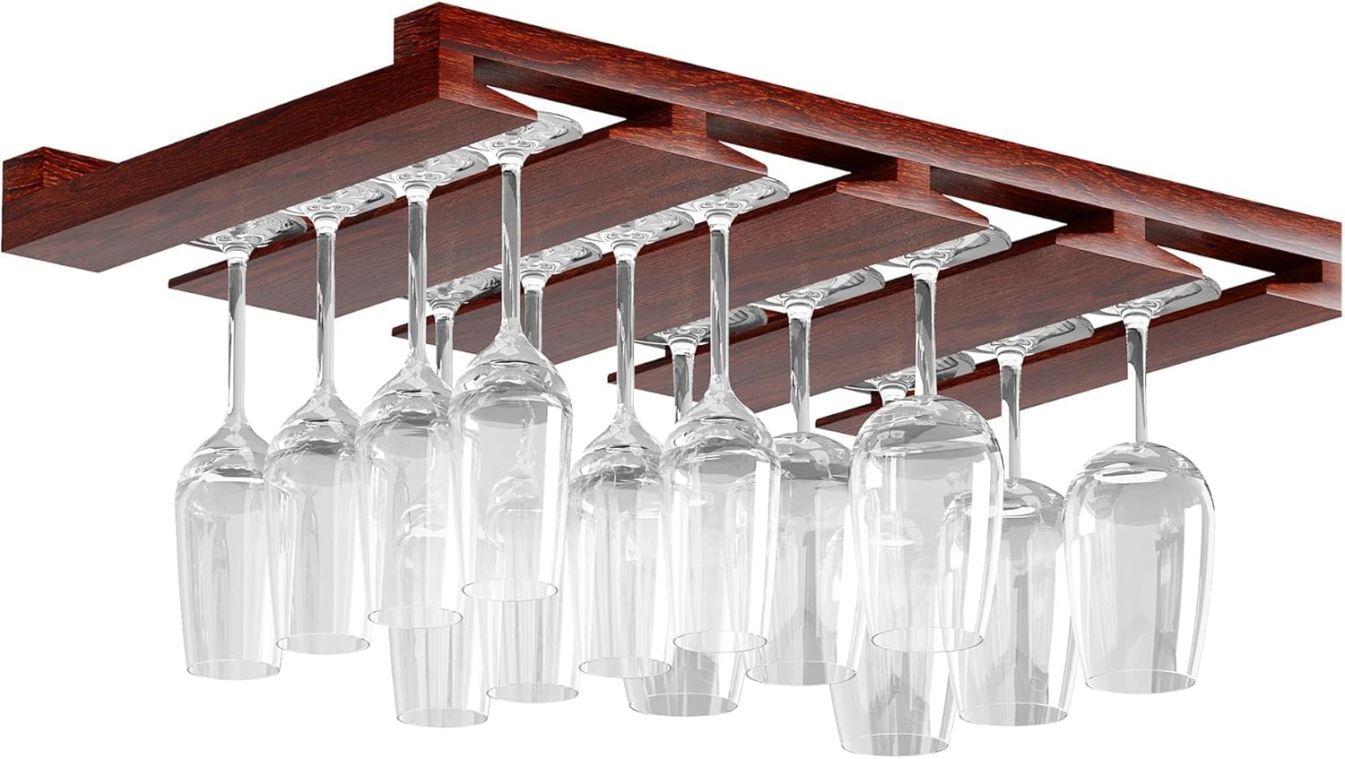MEMUNA'S Eze 4 Sectional Adjustable Wood Under Cabinet Wine Glass Holder Wine Glass Rack Hanging Shelf Stemware Bar Organizer - 12 Wine Glass Storage - 10 Inch Deep (2, Mahogany Finish)