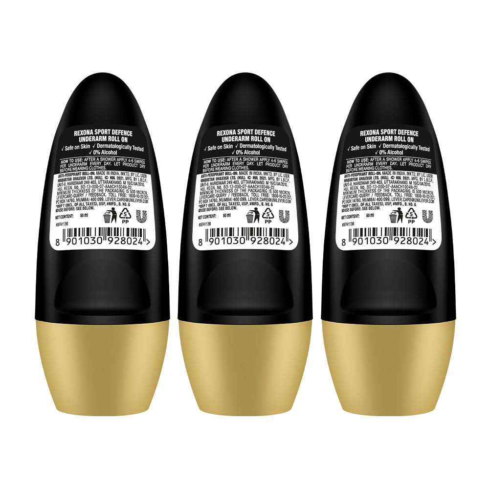 Rexona Men Sport Defence Underarm Roll-On Deodorant | 72 Hours Odour Protection with Fresh Masculine Scent | 0% Alcohol, Safe on Skin | 50 ML (Pack of 3) 4