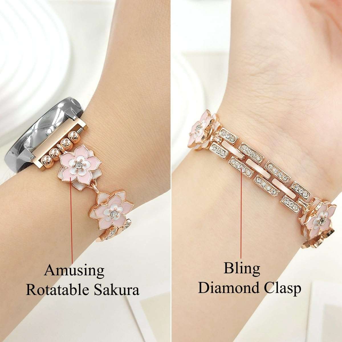 YONWORTH Rotatable Flower Band Compatible with Samsung Galaxy Watch 7 FE 6 5 4 40/44mm,Galaxy Watch 5 Pro 45mm,Watch 6 4 Classic,Bling Chain Stress Relief Sakura Wristband Women 20mm (Pink Rose Gold) 3