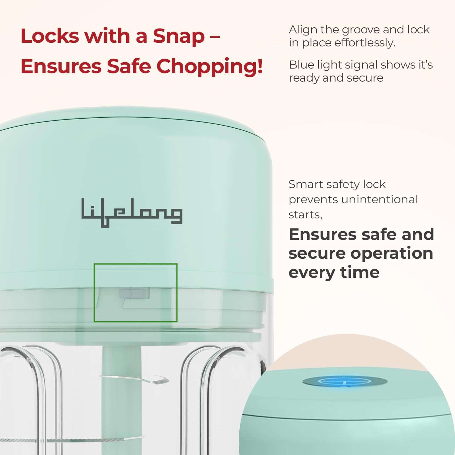Lifelong USB Rechargeable Wireless Electric Chopper for Kitchen 30 Watts with Stainless Steel Blades for Onion, Garlic, Vegetables, Nuts - 250 ml (Green) 5