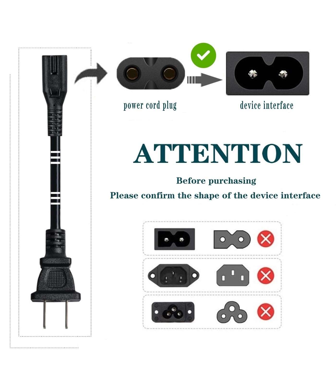 2Prong AC Power Cord Cable Compatible with JBL PartyBox 100 110 200 300 310 710 1000 On-The-Go Speaker JBL Soundbar Power Cable 2