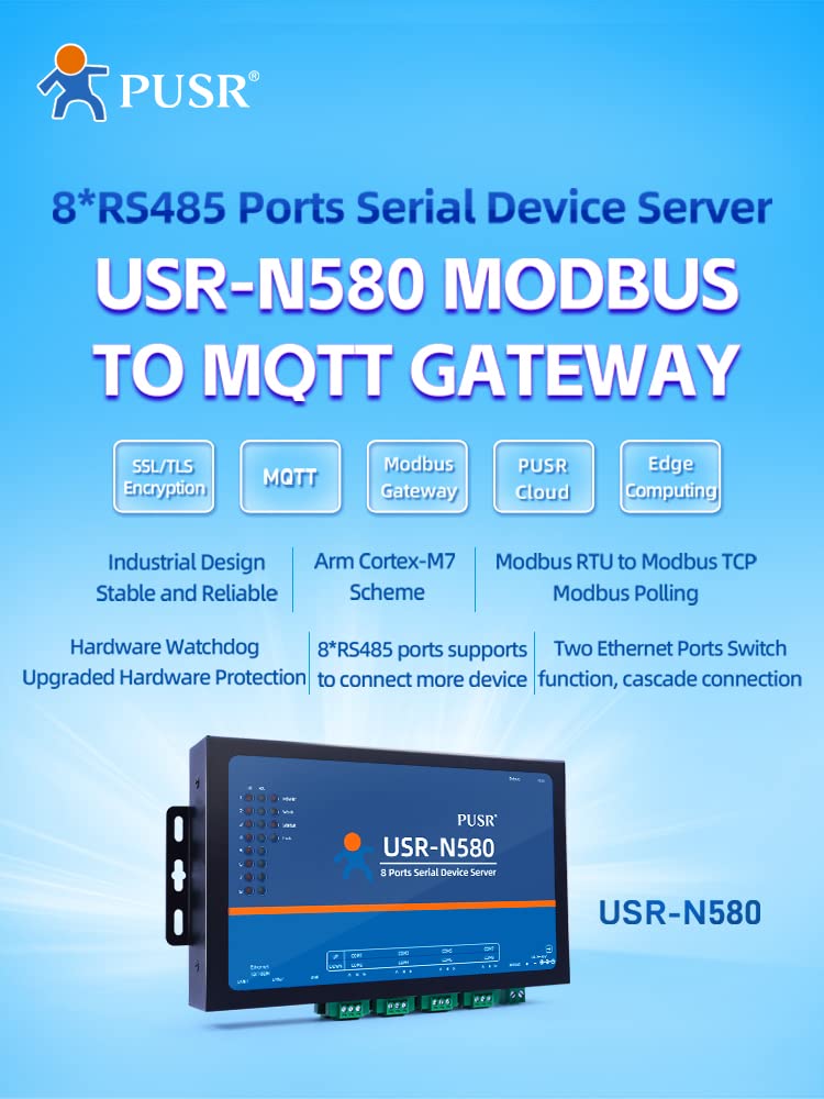 PUSR 8 Ports MQTT Modbus Gateway Support SSL/TLS Edge Computing RS485 Serial to ethernet Converter Device Server USR-N580 2