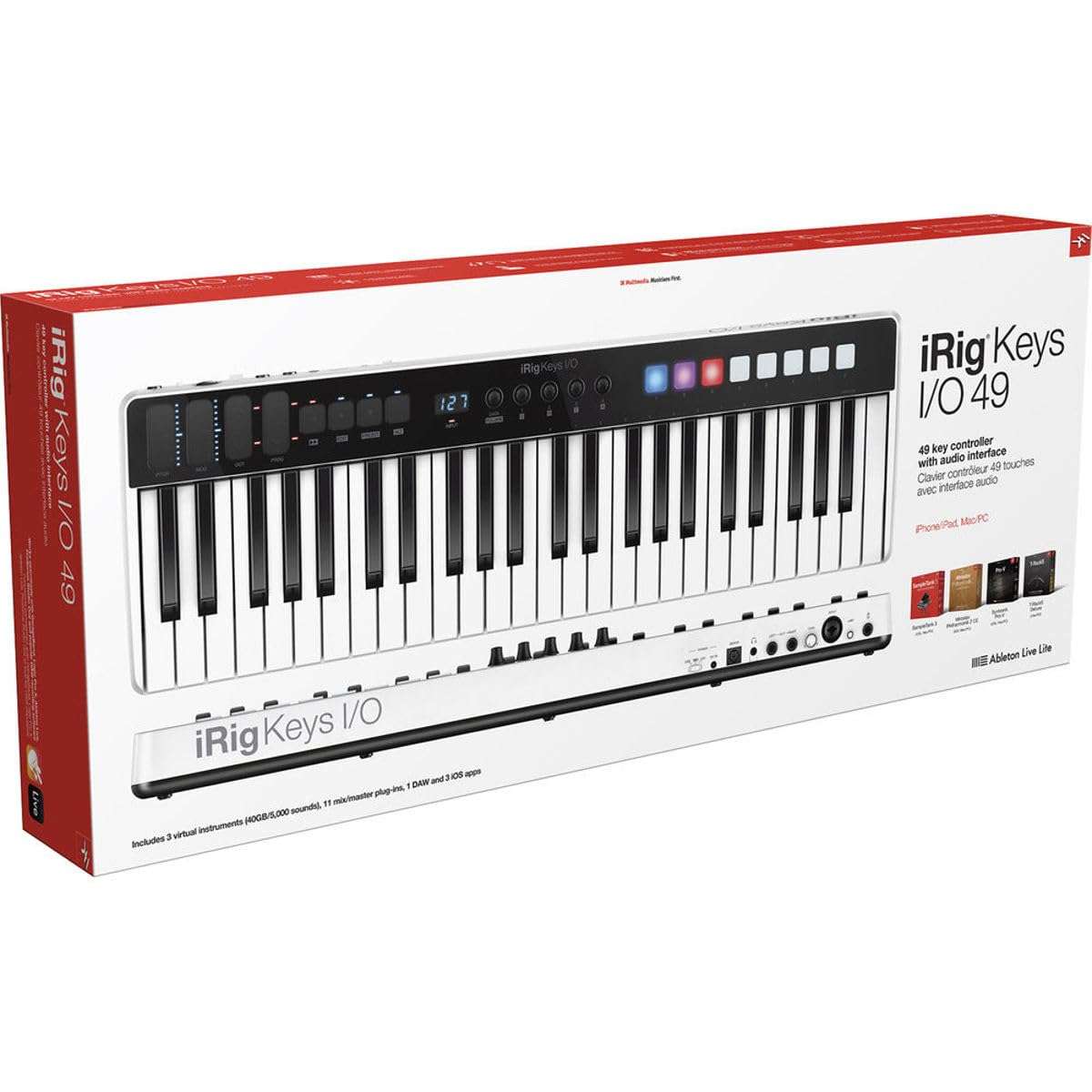 IK Multimedia iRig Keys I/O 49 portable keyboard MIDI controller 24-bit/ 96Khz audio interface full-size synth velocity-sensitive, 48V phantom power, XLR mic preamp, iPhone, iPad, Android, Mac, PC 6