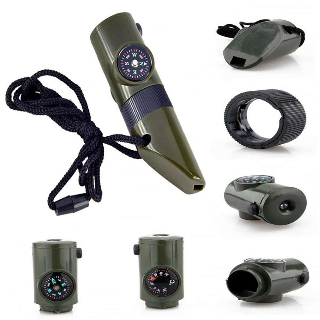 OnIUeZky Function Whistle Survival Emergency Green Tool with Thermometer Compass LED Light Magnifier Mirror for Camping Hiking Outdoor. 5