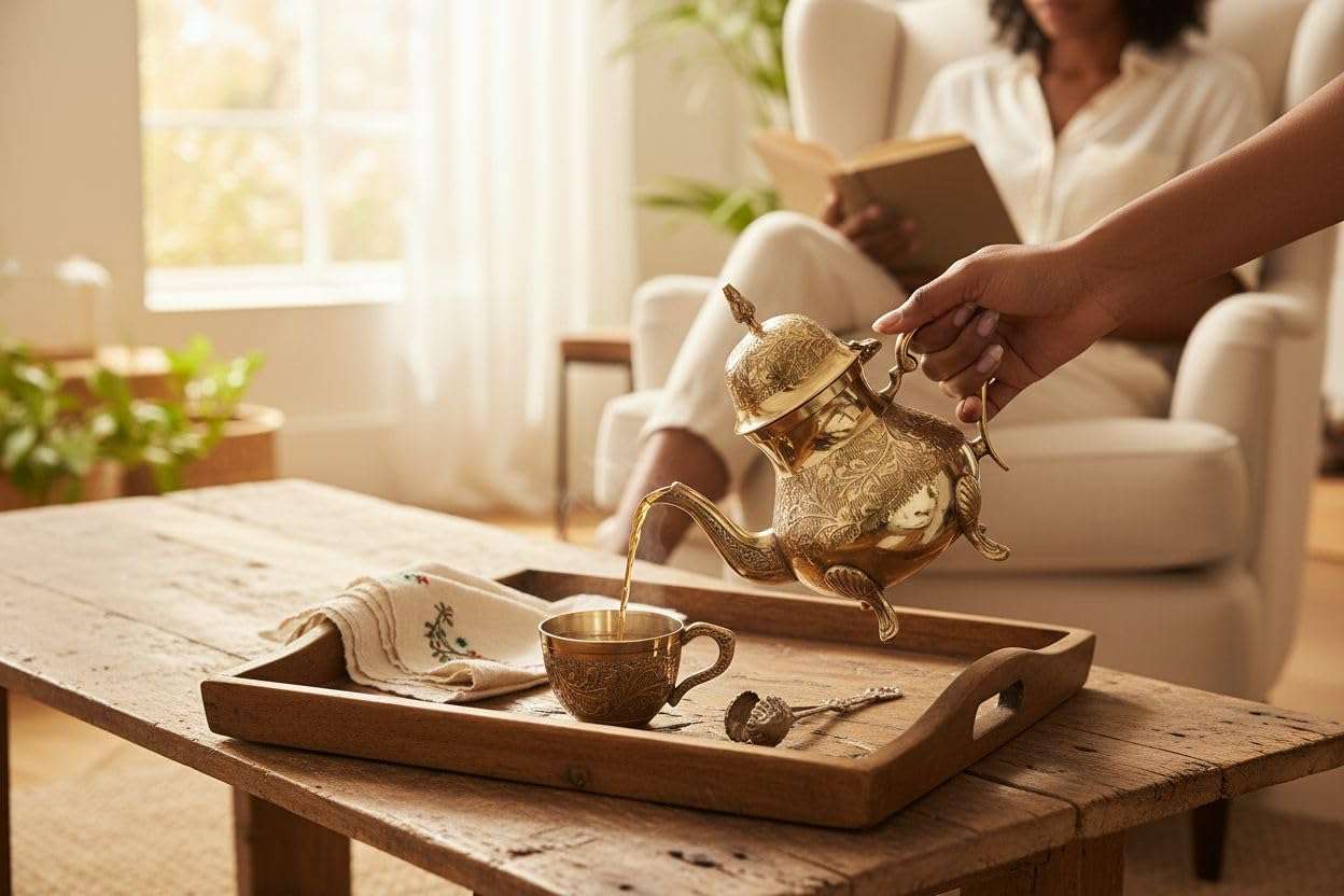 Brass Kettle Serving Set - Engraved Teapot - Coffee Pot with Set of 6 Cup with Tray - (36 x 25 cm) Perfect for Tea Parties, Gifting, Brass Tea Set with Kettle | weight-1750 GMS 3