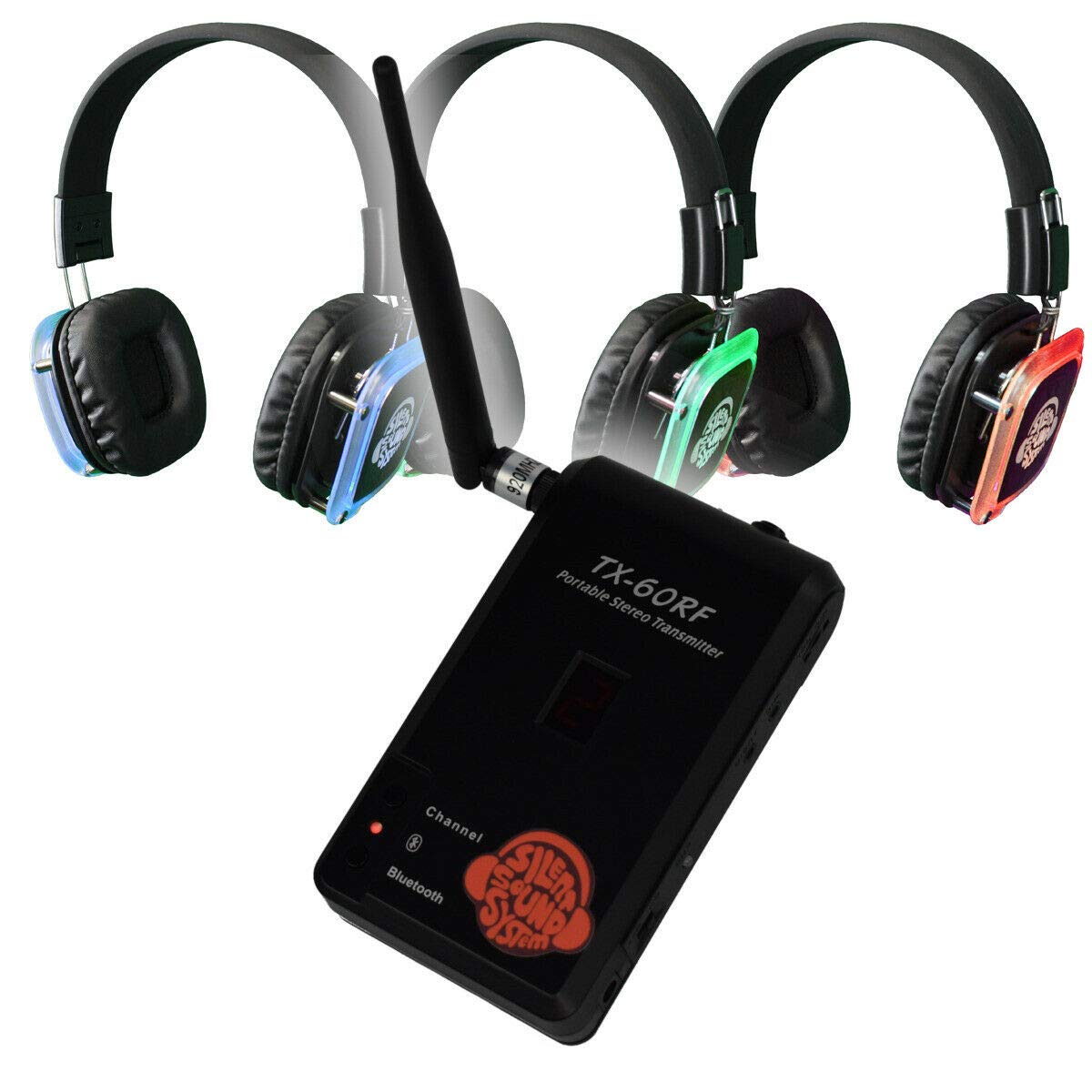 Silent Sound System Wireless Silent Disco Transmitter w/Bluetooth Connection - 10 LED Headphones - Yoga/Fitness/Guided Tour