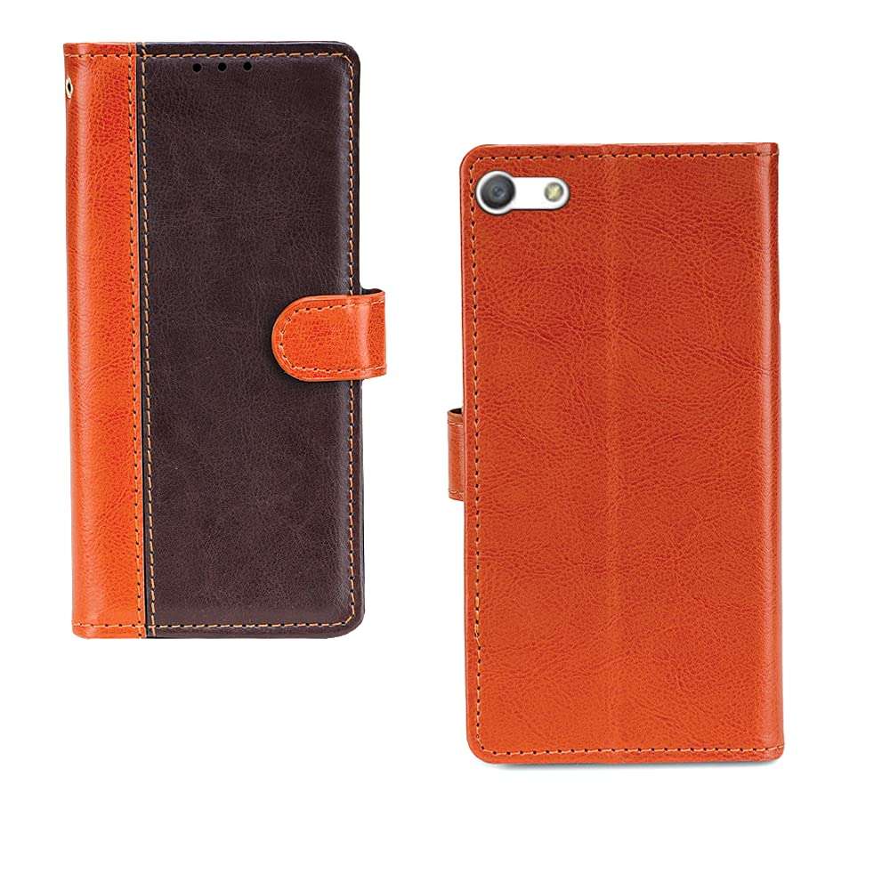 Pinaaki Enterprises Oppo Neo 5 Case | Premium Leather Finish | with Card Pockets | Wallet Stand |Complete Protection Cover for Oppo Neo 5 - Camel and Coffee 1