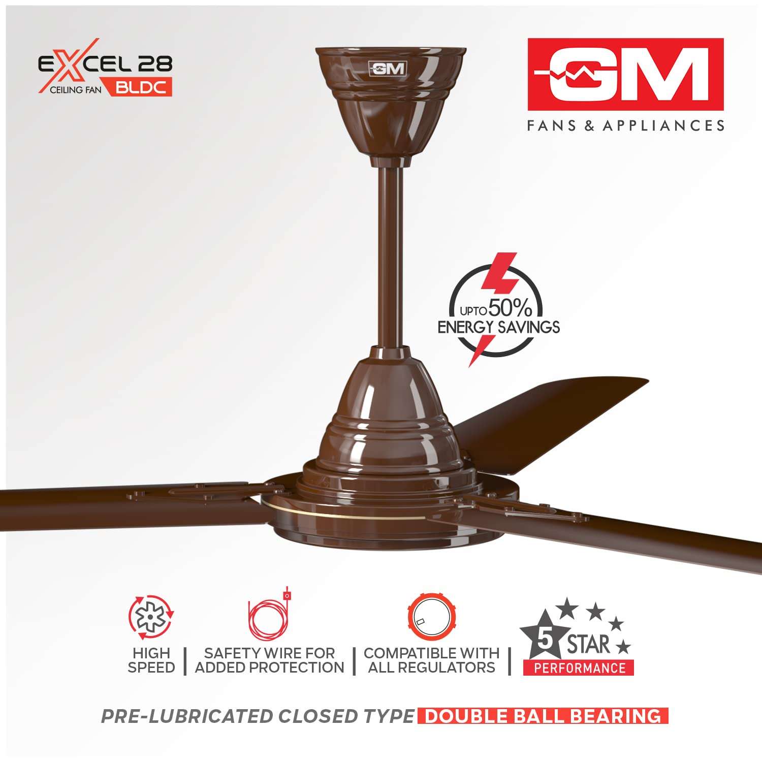 GM Excel28 Ceiling Fan Brown 1200 MM 355 RPM, 5 Star Rated, Energy efficient, BLDC Motor, Prelubricated Closed Type double ball bearing, Compatible with all regulators, Suitable for Living Room, Bedroom 6