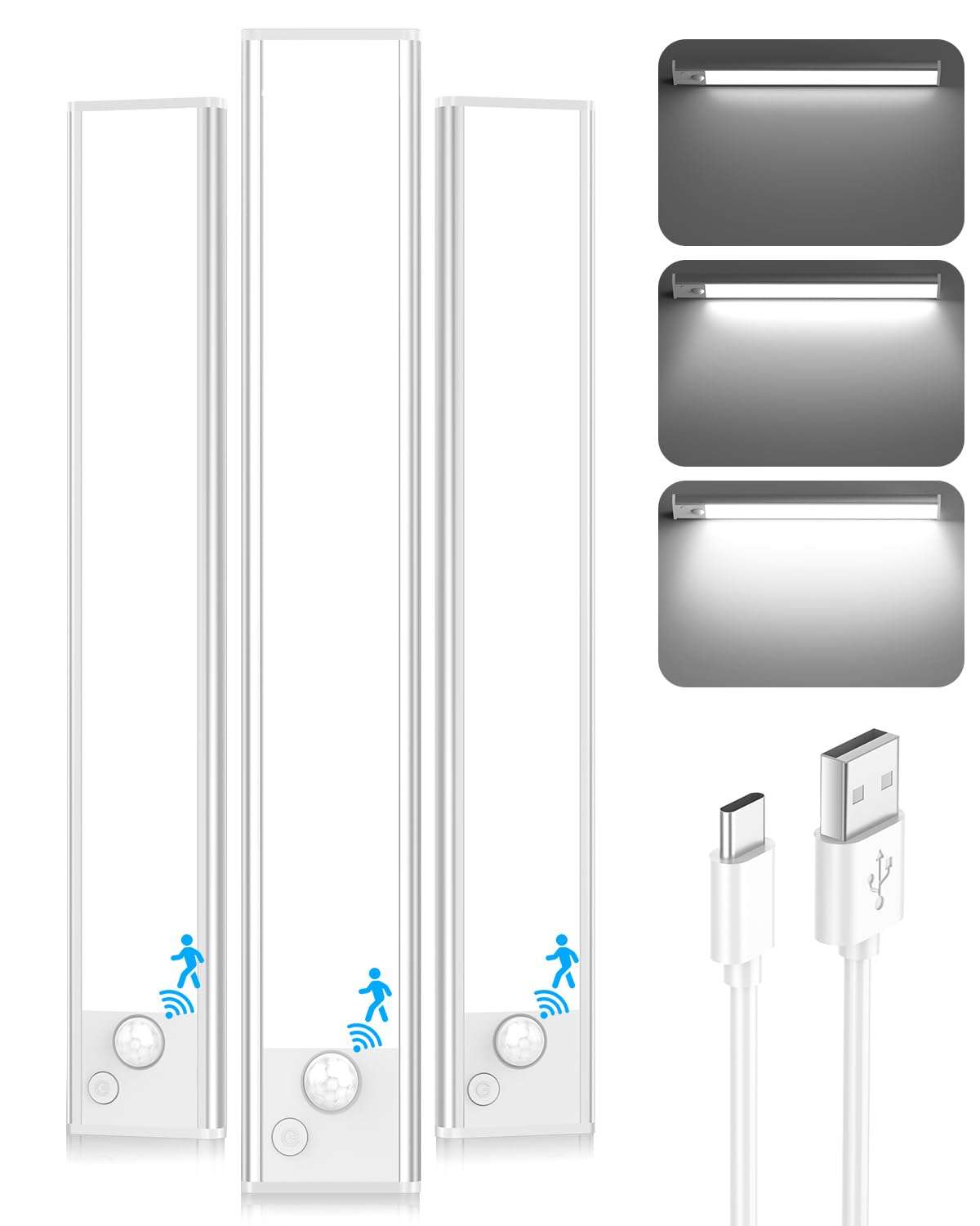 12'' Under Cabinet Lights, 2500mAh LED Battery Operated Rechargeable Motion Sensor Lights Indoor, Magnetic Dimmable Closet Light, Wireless Under Counter Cupboard Night Light for Kitchen, Stair, 3 Pack 2