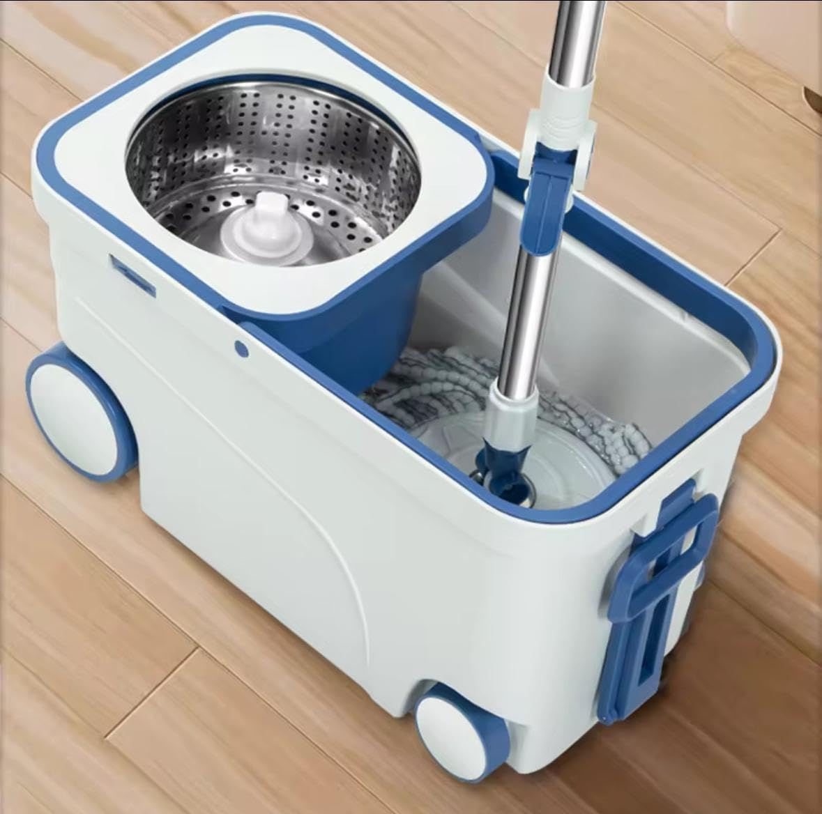 SYSVENT The Future Spin Mop and Bucket System with Wheels, Stainless Steel Basket, Dual Chamber Design (Blue&White) Wiht [2 Refill ] 3