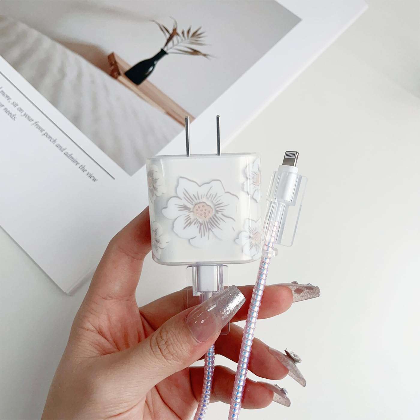 Faneiy for Apple 20W USB-C Power Adapter Charger Protective Case with USB Lightning Cable Cover,Cute Women Flower Floral Data Cable Phone Charger Data Line Earphone Wire Protector,White 5
