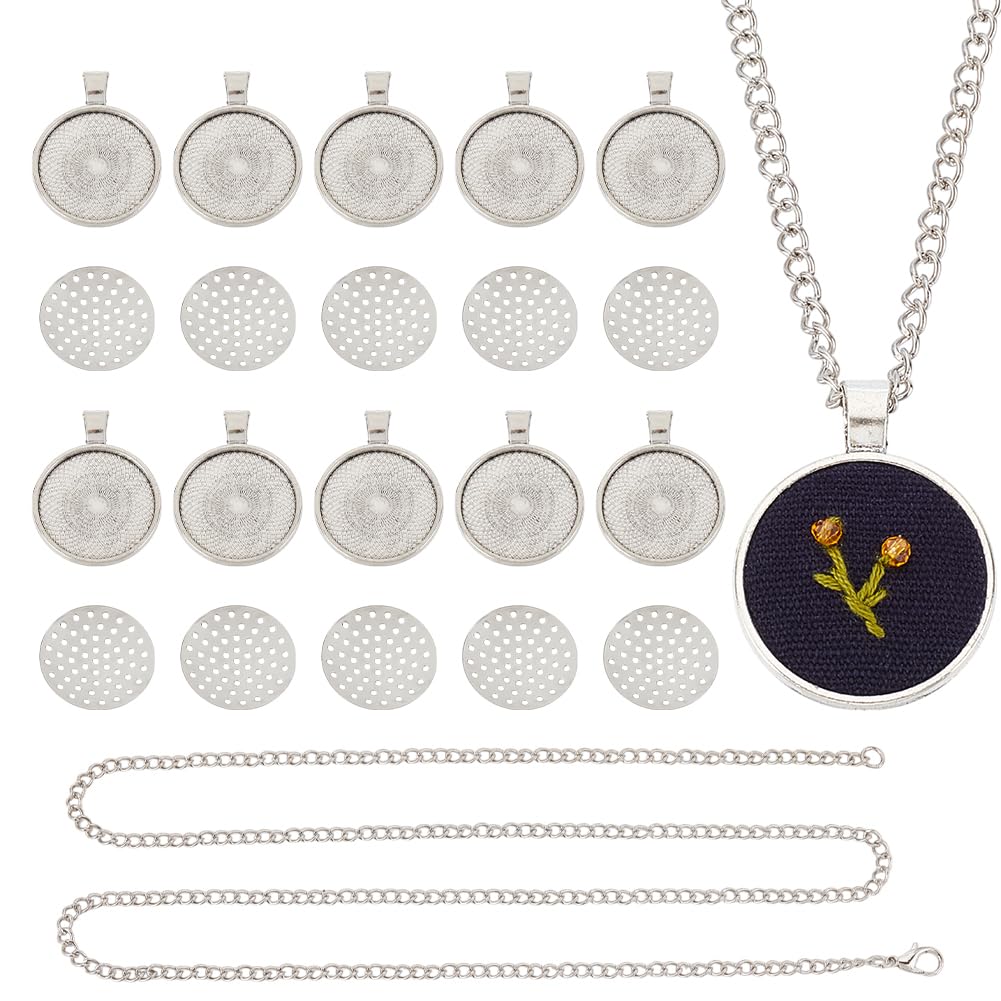 GOMAKERER 10 Sets Round Bezel Pendant Trays, 1 Inch Pendant Blank Frame for Embroidery Alloy Tray Charms Bulk DIY Jewelry Making Kit for Necklace DIY and Crafts Projects, Antique Silver