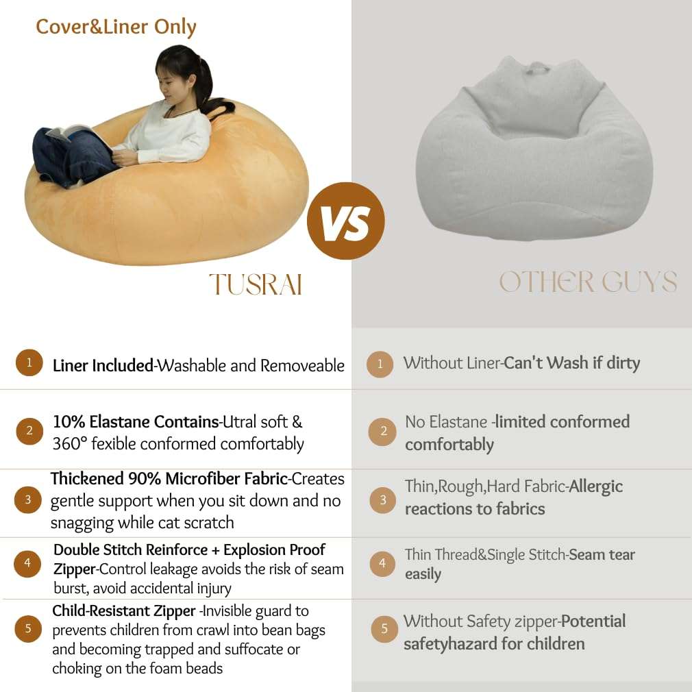 Tusrai Bean Bag Cover with Liner Only Ultra Soft Stretch Velvety Microsuede Bean Bag Chair Cover for Adult Pear Style Washable Large Luxurious 3ft -Lavender Purple 5