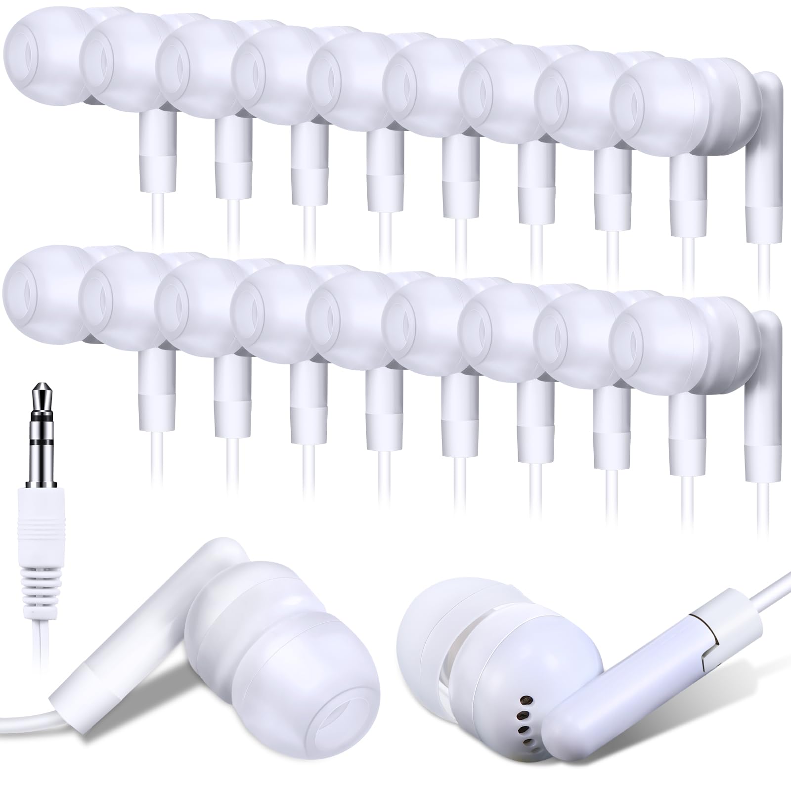 Kanayu 200 Pack Wired Earbuds Bulk for Classroom Ear Headphones Wired Basic Student Earbuds No Microphone with 3.5MM Jack for Class Laptop School Library, Individually Bagged (White)