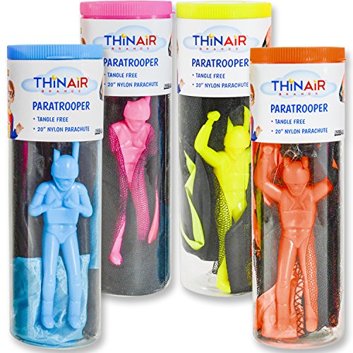 Tangle-Free Parachute with Paratrooper in Reusable Storage Tube, Multicolor (Set of 4)