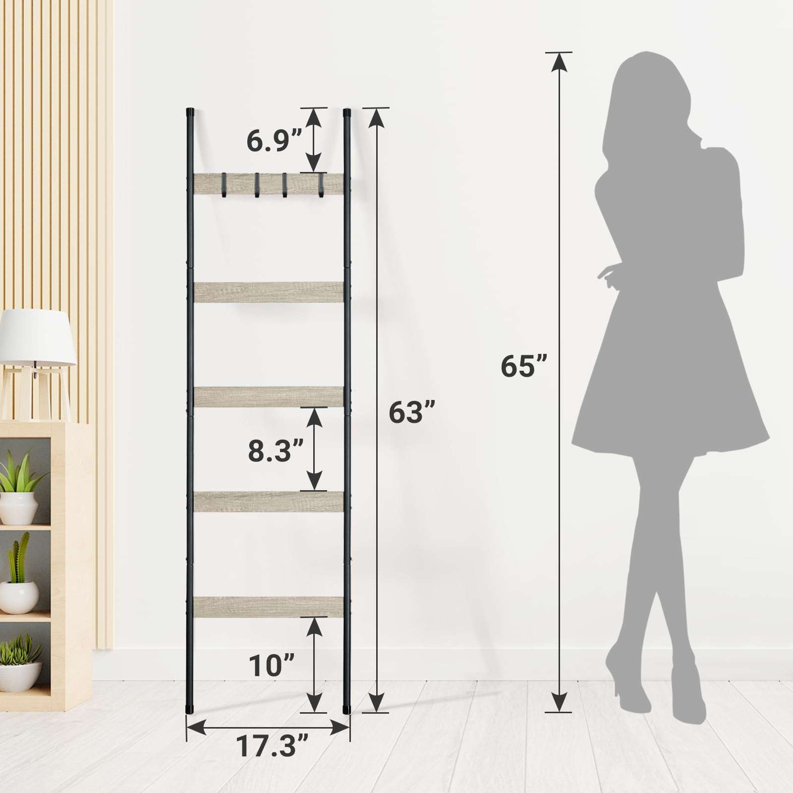 ELYKEN Blanket Ladder for Living Room, Farmhouse 5 -Tier Quilt Holder with 4 Removable Hooks for Bathroom, Wood Towel Rack Display, Wall Anchor Leaning Decorative Stand for Home Decor, White Oak 4