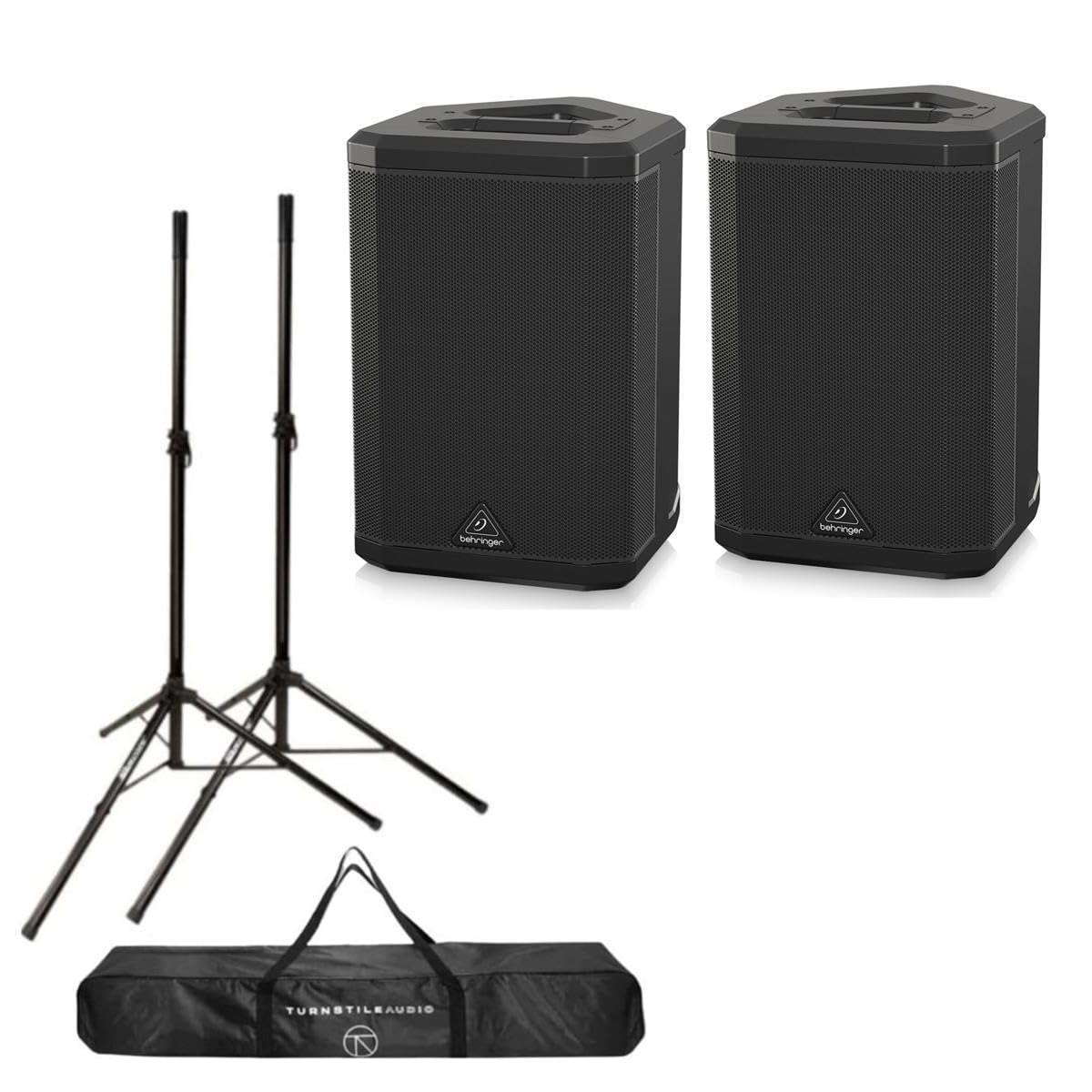 Behringer B1X 250W All-In-One Portable PA Bluetooth Speaker 2-PACK Turnstile Audio Height-Adjustable Speaker Stands Pair, With Carrying Case 1