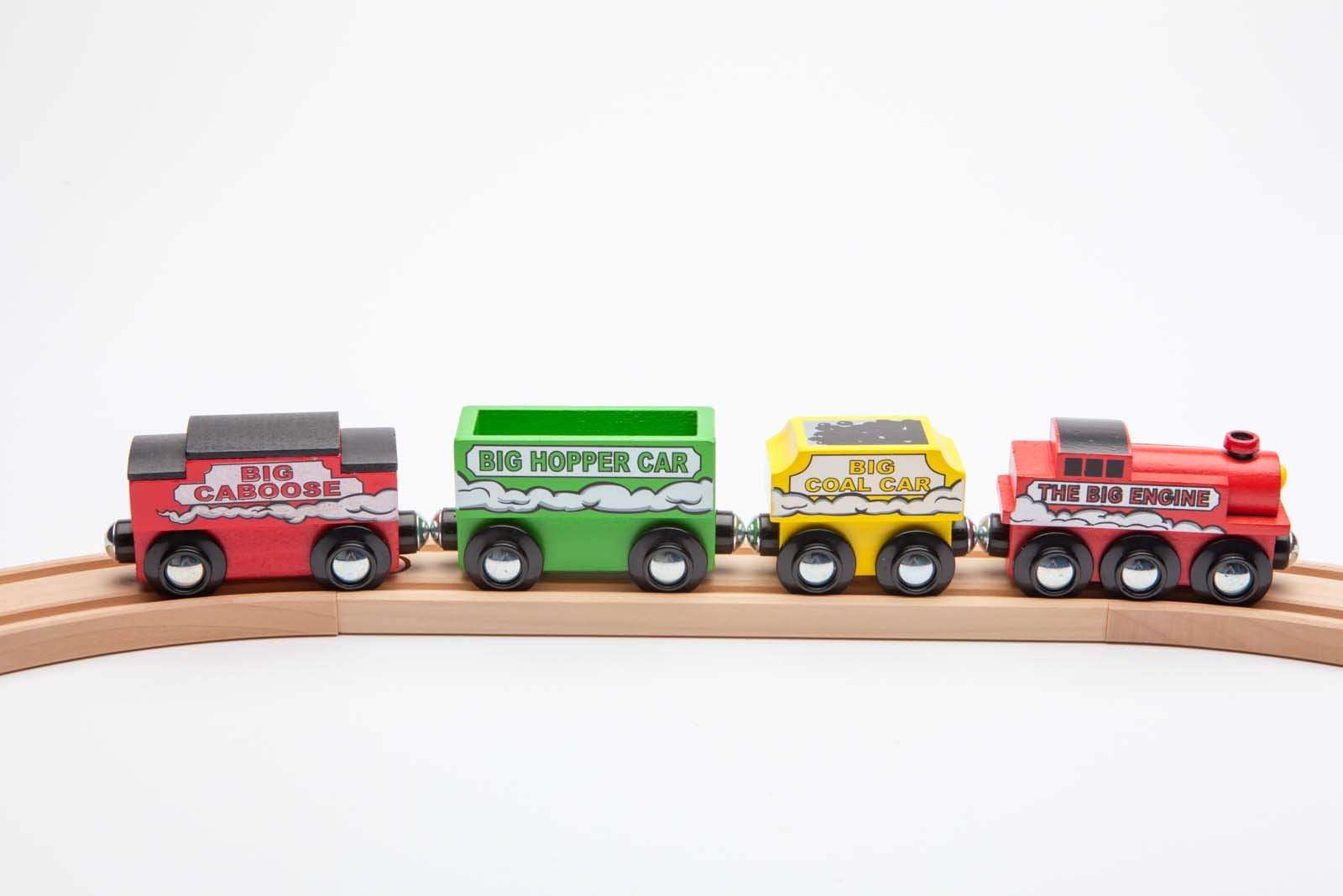 Maxim Enterprise, inc. Wooden Train Engine Set with Coal Car, Hopper Car and Caboose, Big Size Steam Engine Locomotive and Cars with Magnetic Connectors, Compatible with Major Brand Wooden Railways 3