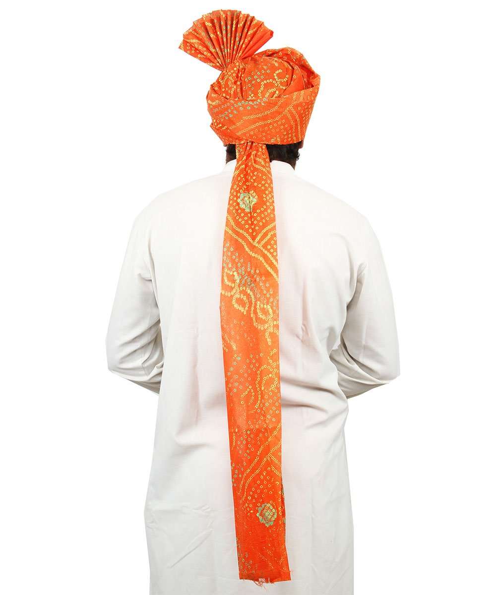 KALAPURI Traditional Handstitched Ready to Wear Khadi Print Roto Jari Orange Pheta (Turban Safa) for Men for Wedding/Marriage and Traditional Function 4