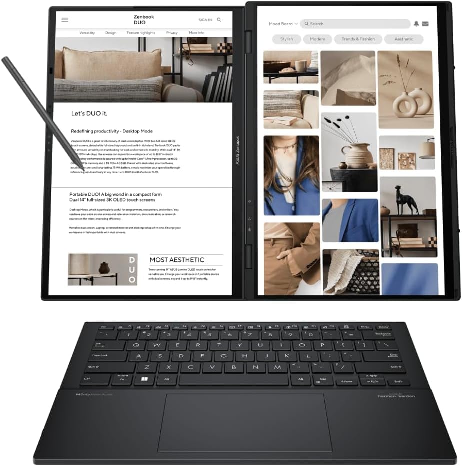 ASUS Zenbook Duo ux8406 AI Powered 2-in-1 Laptop 14.0" Touchscreen OLED 3K 120Hz Display (Intel Ultra 9-285H, 32GB LPDDR5X, 2TB PCIe SSD, Backlit KB, Active Pen, Win 11 Home) w/DKZ USB Port Expander 5