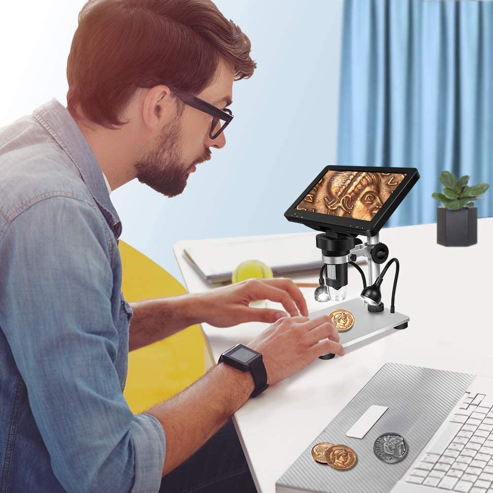 atdaraz LCD Digital USB Microscope 7 in HD Screen, Circuit Board Repair Soldering PCB Coins,12mp Video Camera Microscope, 8 Adjustable Light, 1-1200X Magnification with Rechargeable Batt-ery 2