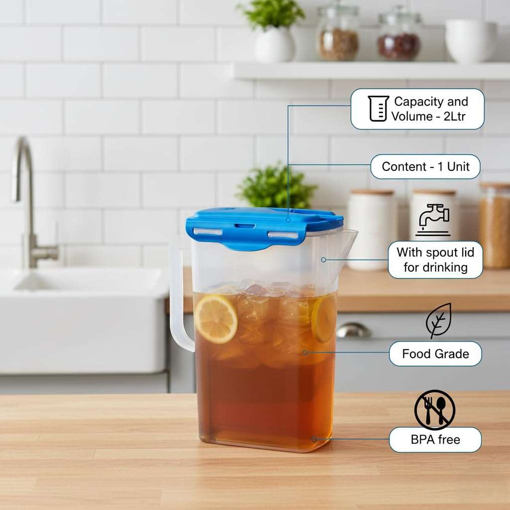 Gluman Fridge Jug 2000 ml | Ergonomically Design Cap & Wide-Mouth | 100% Food Grade | Dishwasher Safe | Freezer Safe | Recyclable (Blue) 6