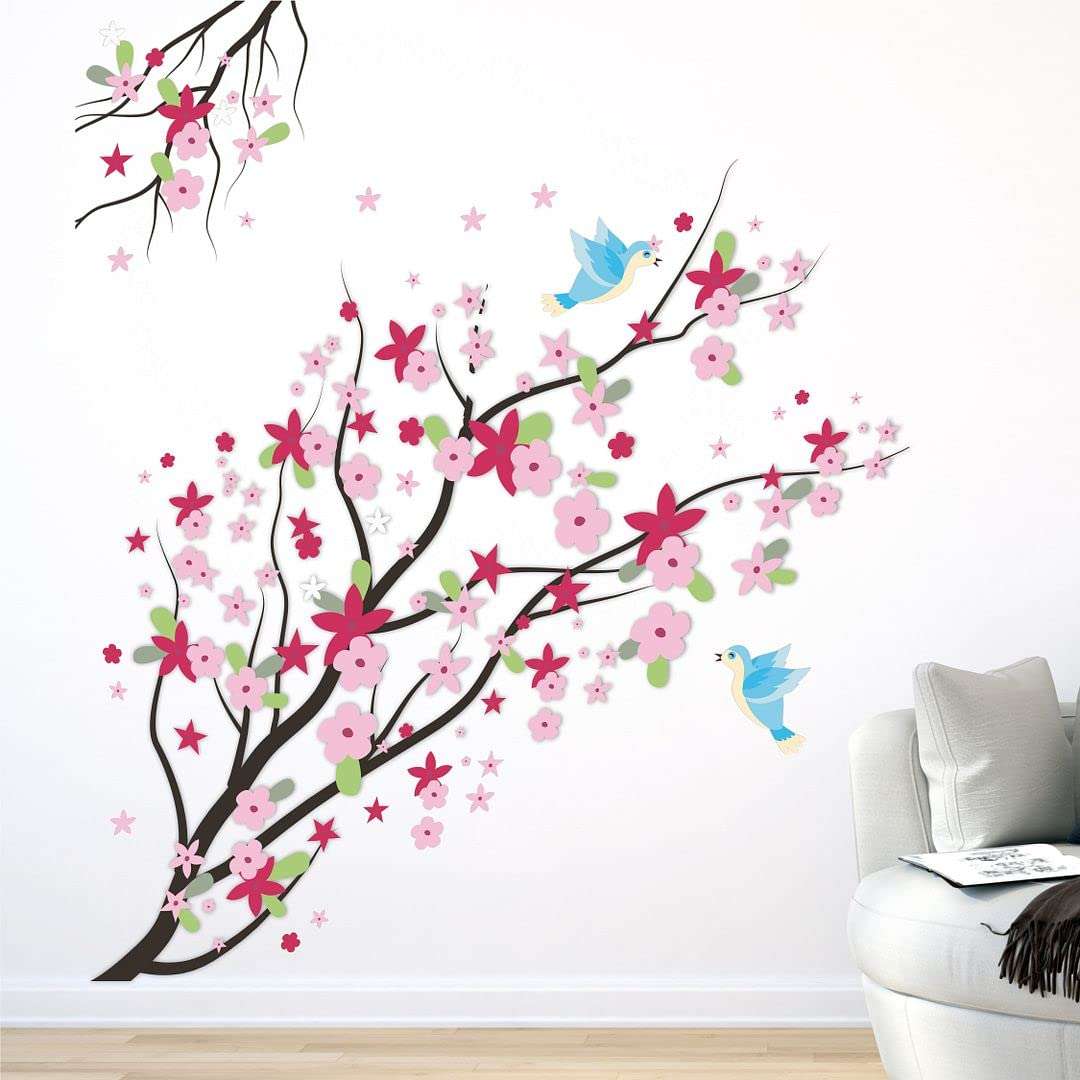 CVANU Colorful Flowers on Branch with Little Birds PVC Vinyl Wall Sticker for Wall Decoration Size(90cm x 90cm)_cv9 4