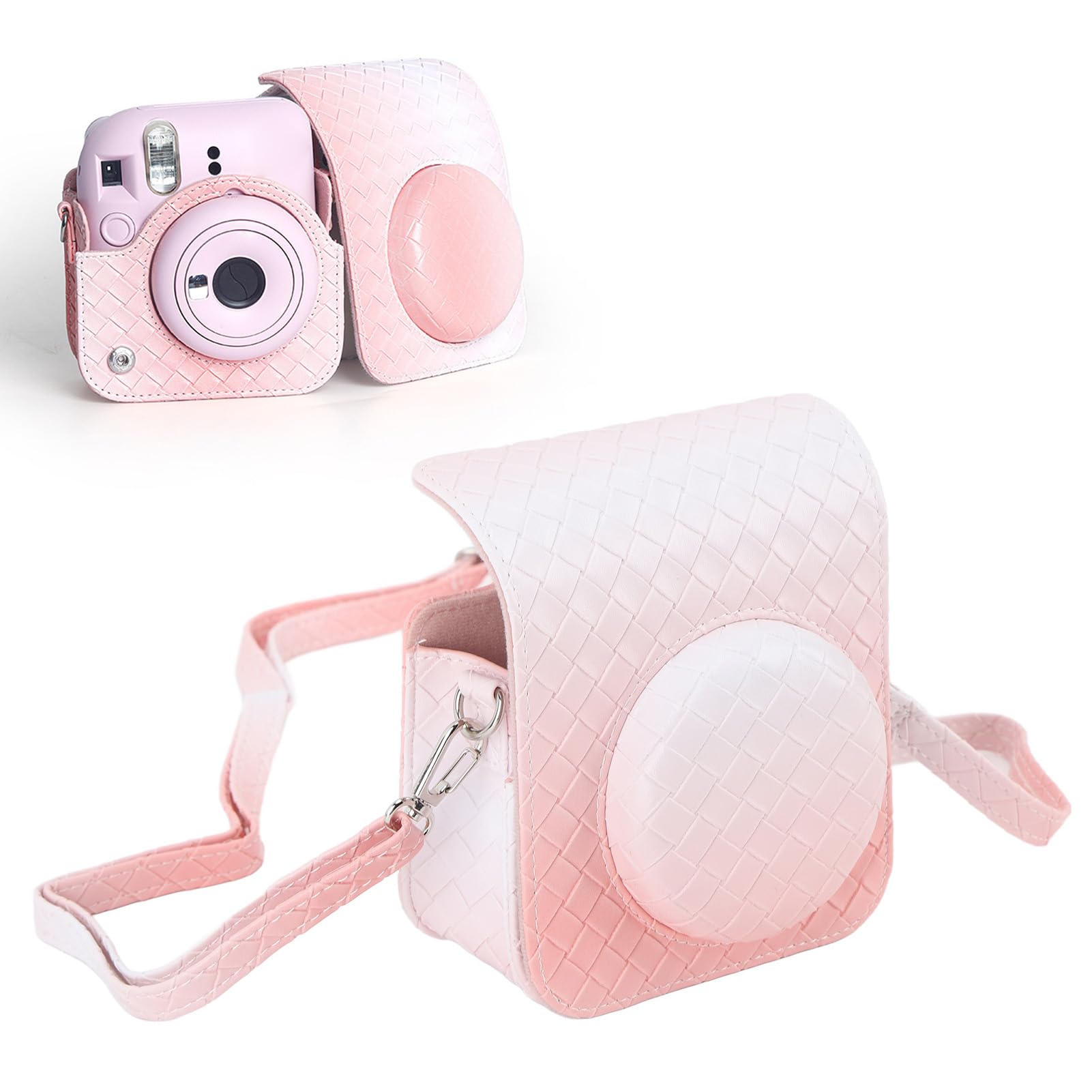 Case for Fujifilm Instax Mini 12, Rainbow Gradient Woven Texture Camera Bag with Shoulder Strap, Rain Proof Shockproof PU Leather Camera Protective Case, Gifts for Girls (Pink) 1