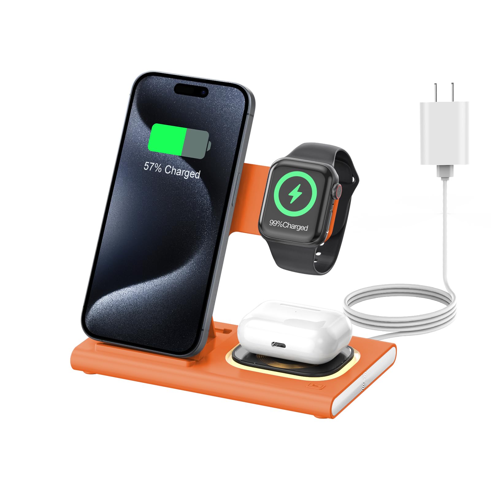 3 in 1 Foldable Charging Station for Apple Products,Fast Wireless Charger Travel Dock Adapter&Light for iPhone 15/14/13/12/11/X/XS/XR 8,for iWatch Ultra2/9/Ultra/8/7/6/SE,for Air Pods 3/2/Pro(Orange) 1