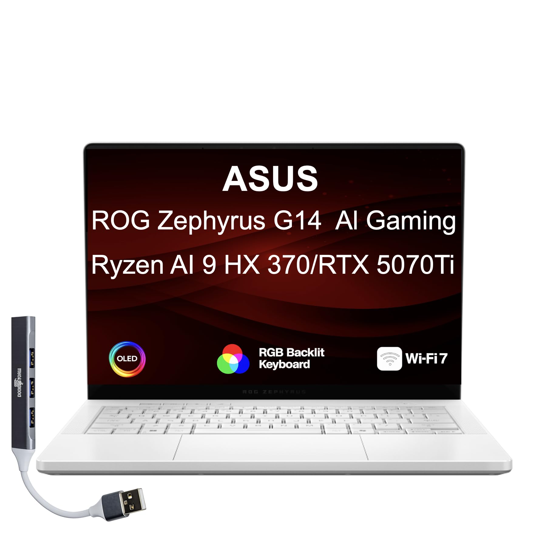 ASUS ROG Zephyrus Gaming Laptop 14" 120Hz OLED 3K 500 nits DCI-P3 100% (AMD Ryzen AI 9 HX 370, GeForce RTX 5070 Ti 12GB, 32GB LPDDR5X, 2TB SSD, Copilot, WiFi 7, RGB KB, Win11Home) w/DKZ USB Hub