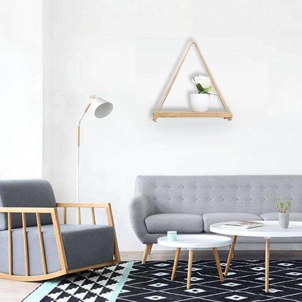 AB SALES Wooden Distressed Hanging Floating Shelves with String Rope with Hooks - 2 Pieces, Beige 5