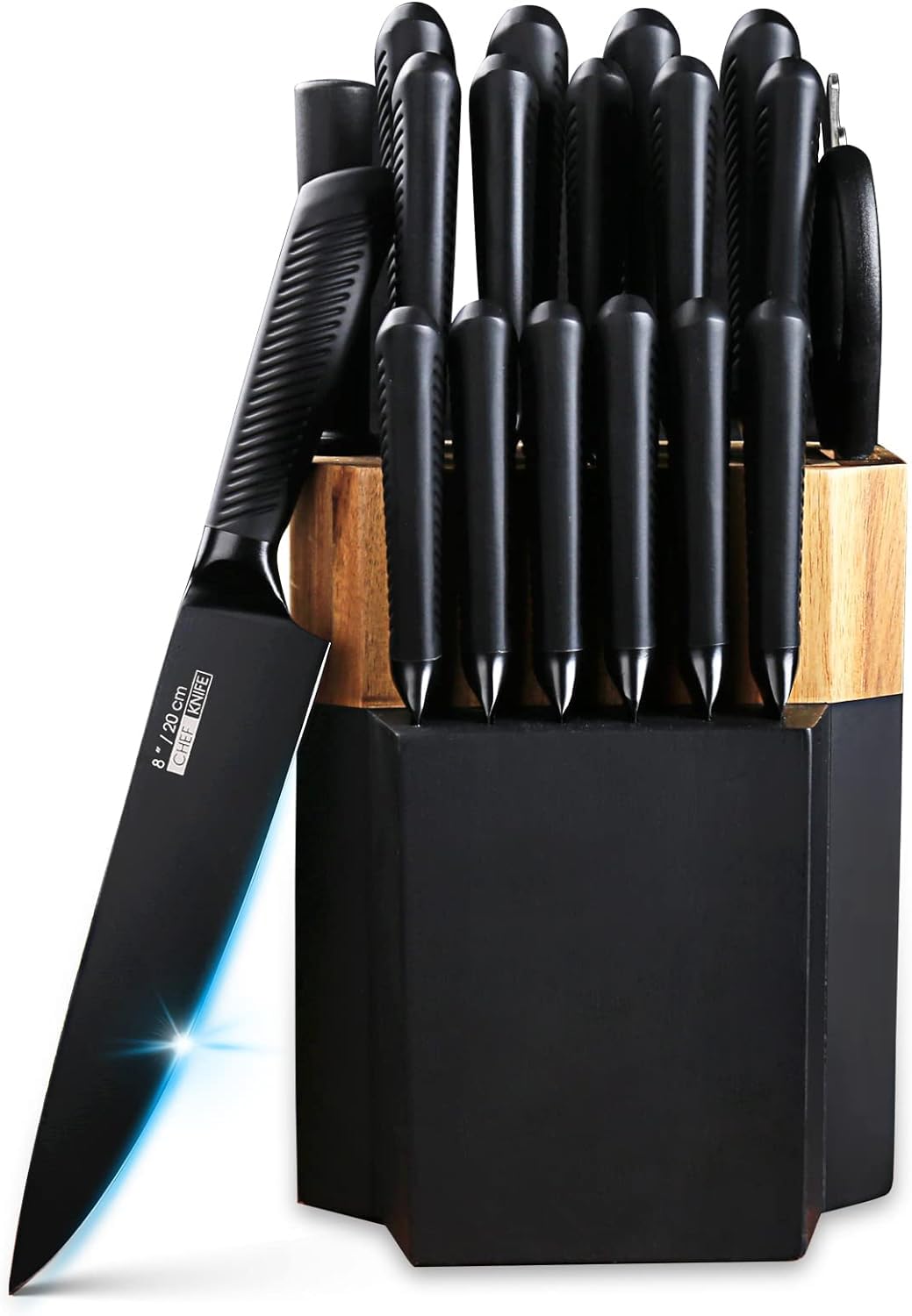 Knife Set, 15 Pieces Black Kitchen Knife Set with Wooden Block, Non-Stick Coating Chef Knife Set with Knife Sharpener for Self Sharpening, German Stainless Steel Knife Set with 6 Steak Knives, Black 1