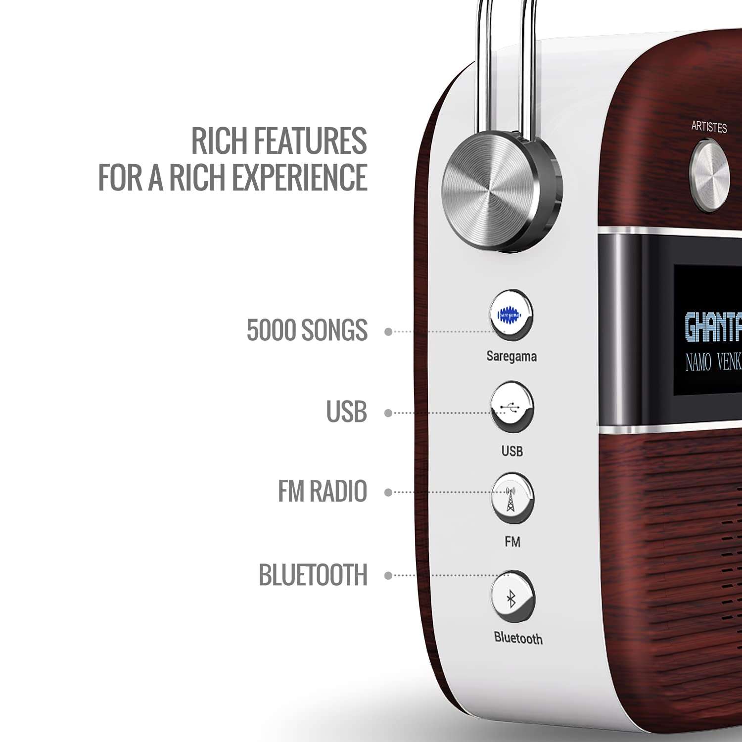 Saregama Carvaan Telugu - Portable Music Player with 5000 Preloaded Songs, FM/BT/AUX (Cherrywood Red) 3